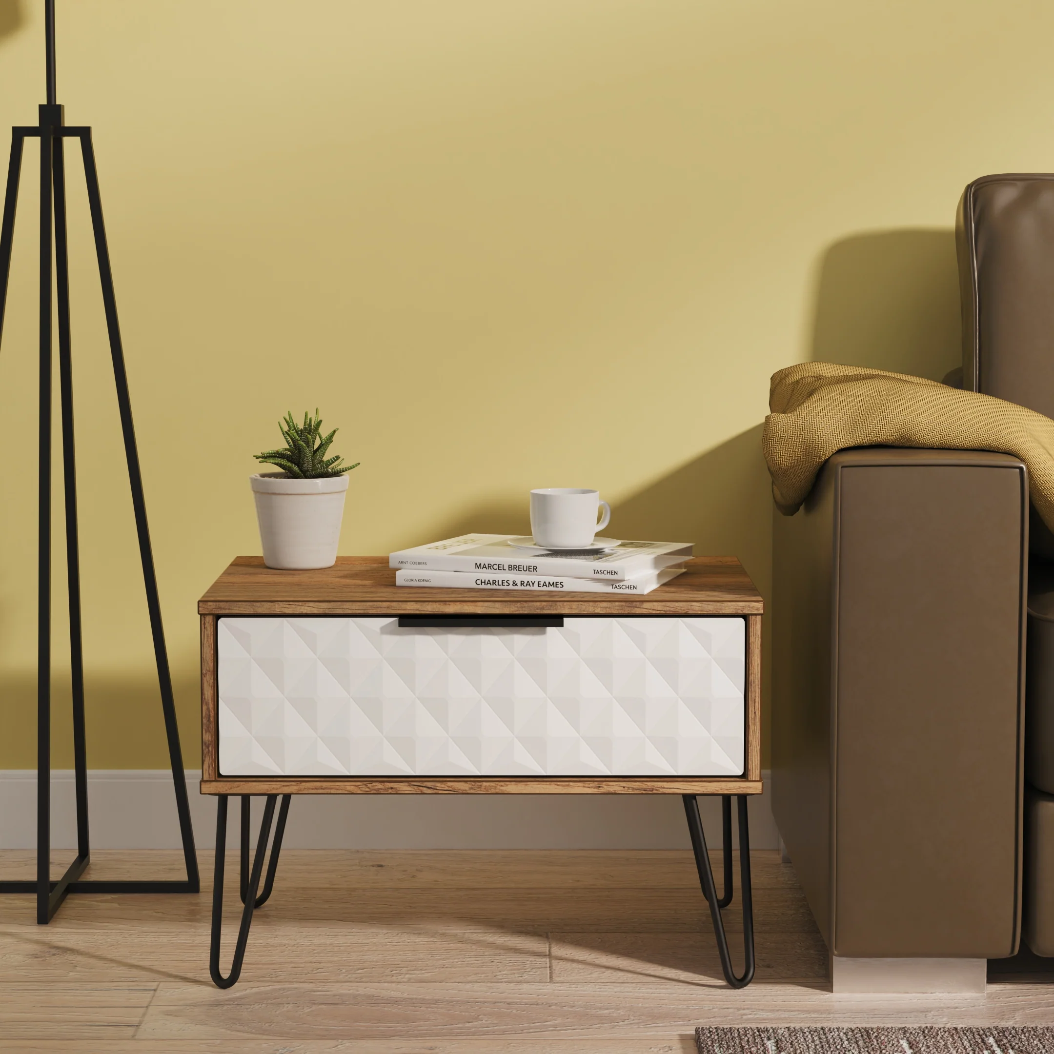 Harlequin 1 Drawer Wide Side Table in White Matt & Vintage Oak - Ready Assembled