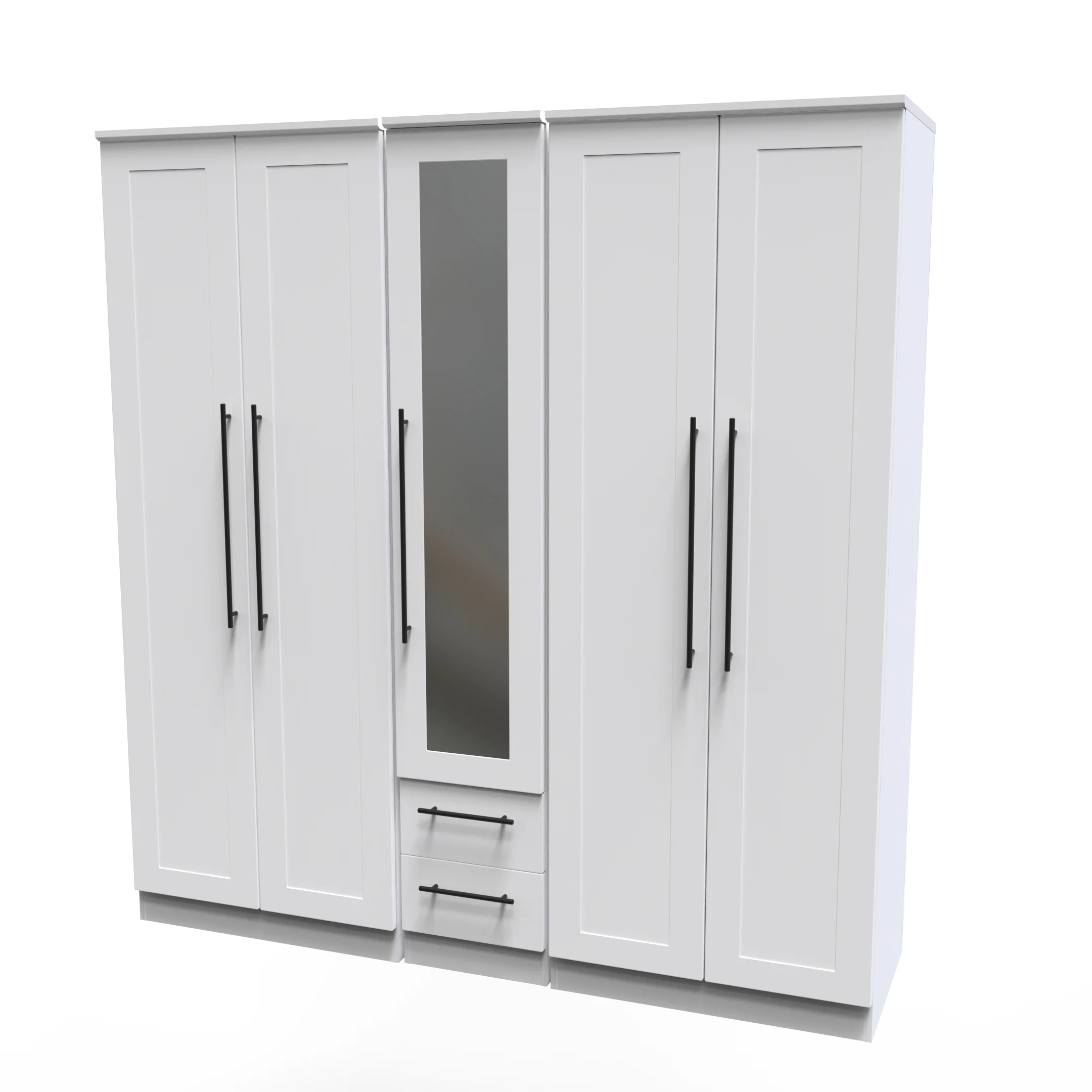 Harrow Ready Assembled Tall 5 Door 2 Drawer 1 Mirror Wardrobe in White Ash - Image 4