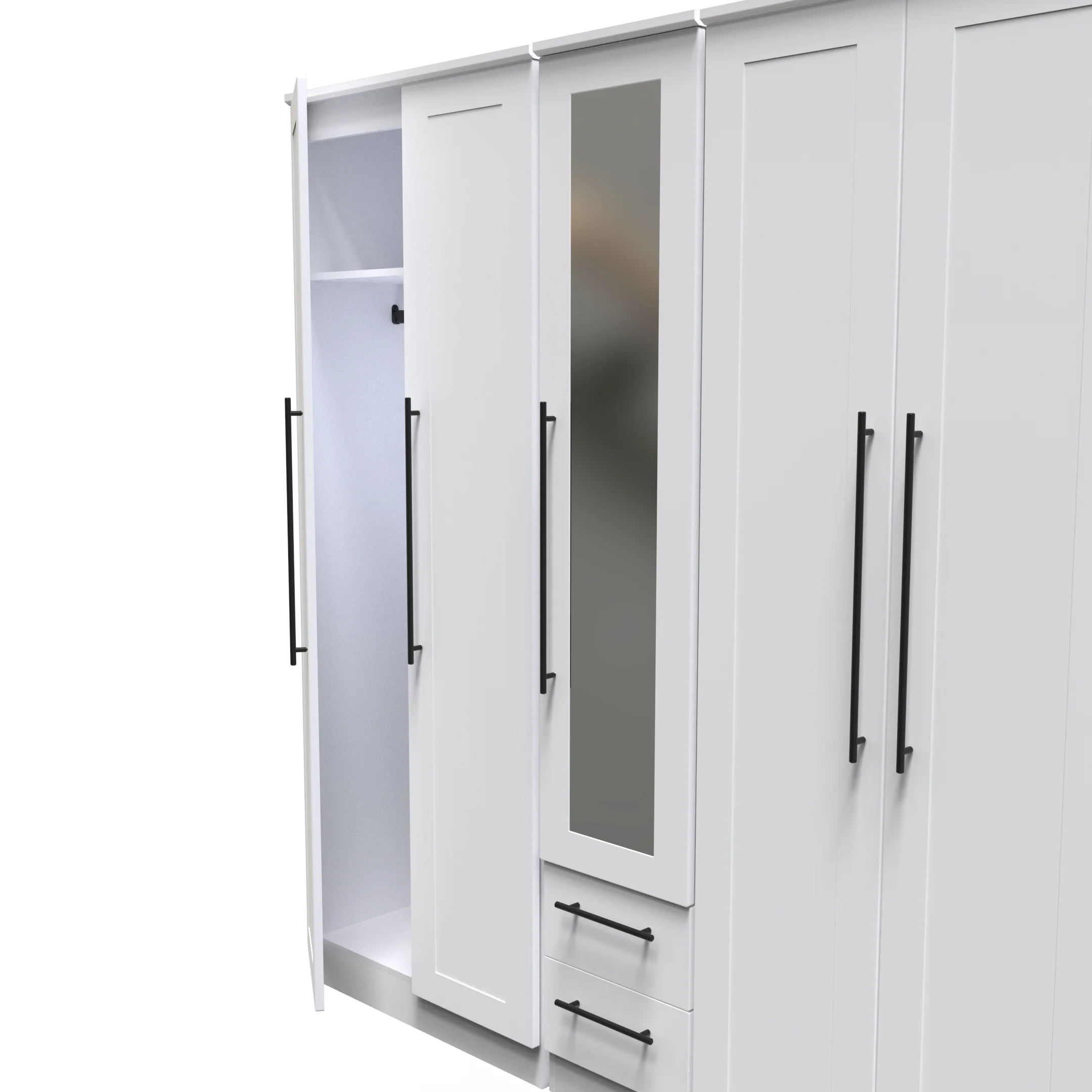 Harrow Ready Assembled Tall 5 Door 2 Drawer 1 Mirror Wardrobe in White Ash - Image 6