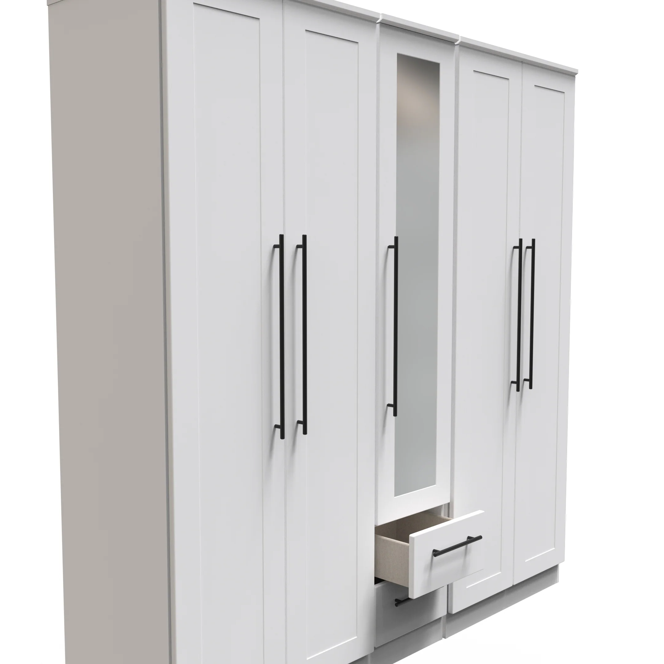Harrow Ready Assembled Tall 5 Door 2 Drawer 1 Mirror Wardrobe in White Ash - Image 7