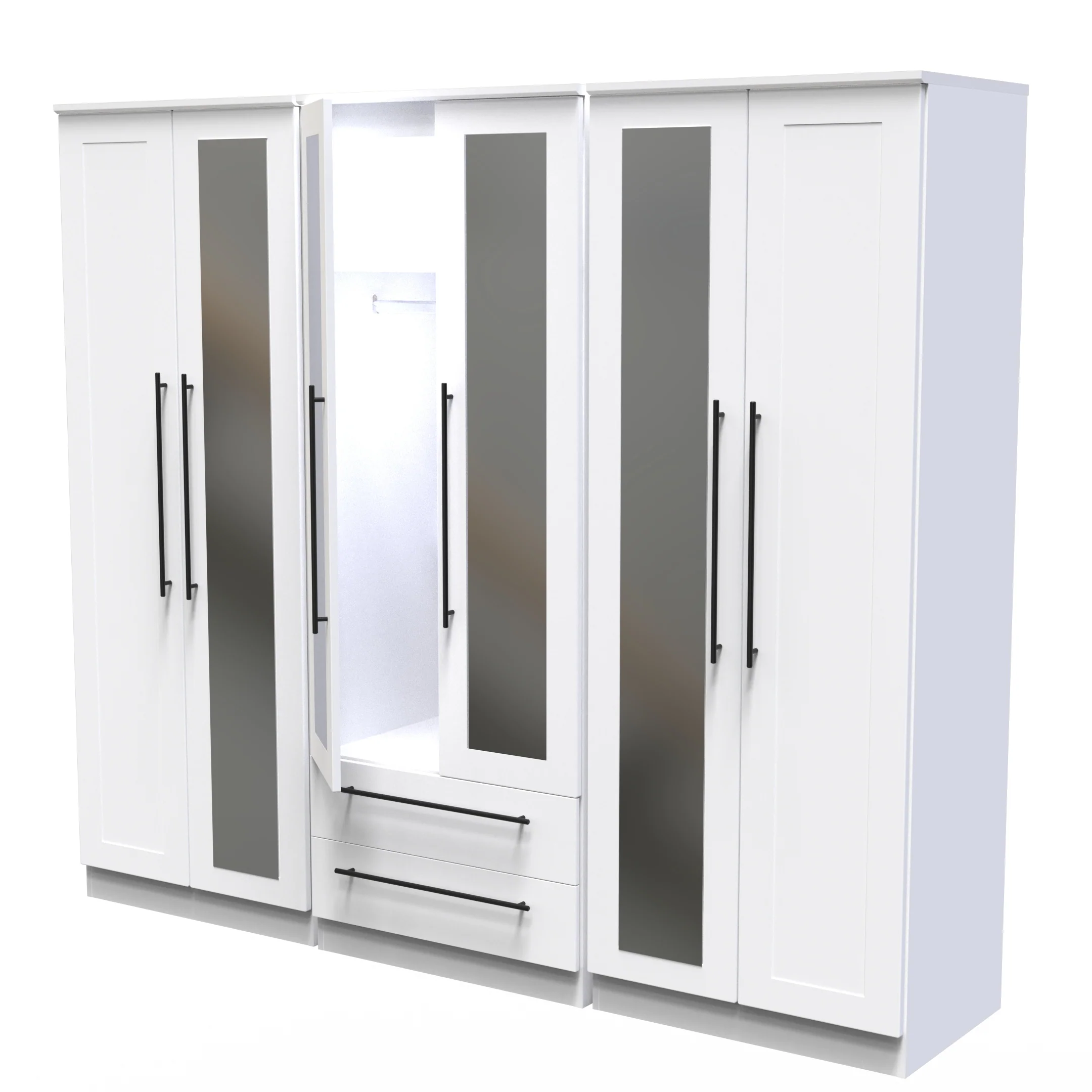 Harrow Ready Assembled Tall 6 Door 2 Drawer 2 Mirror Wardrobe in White Ash - Image 7