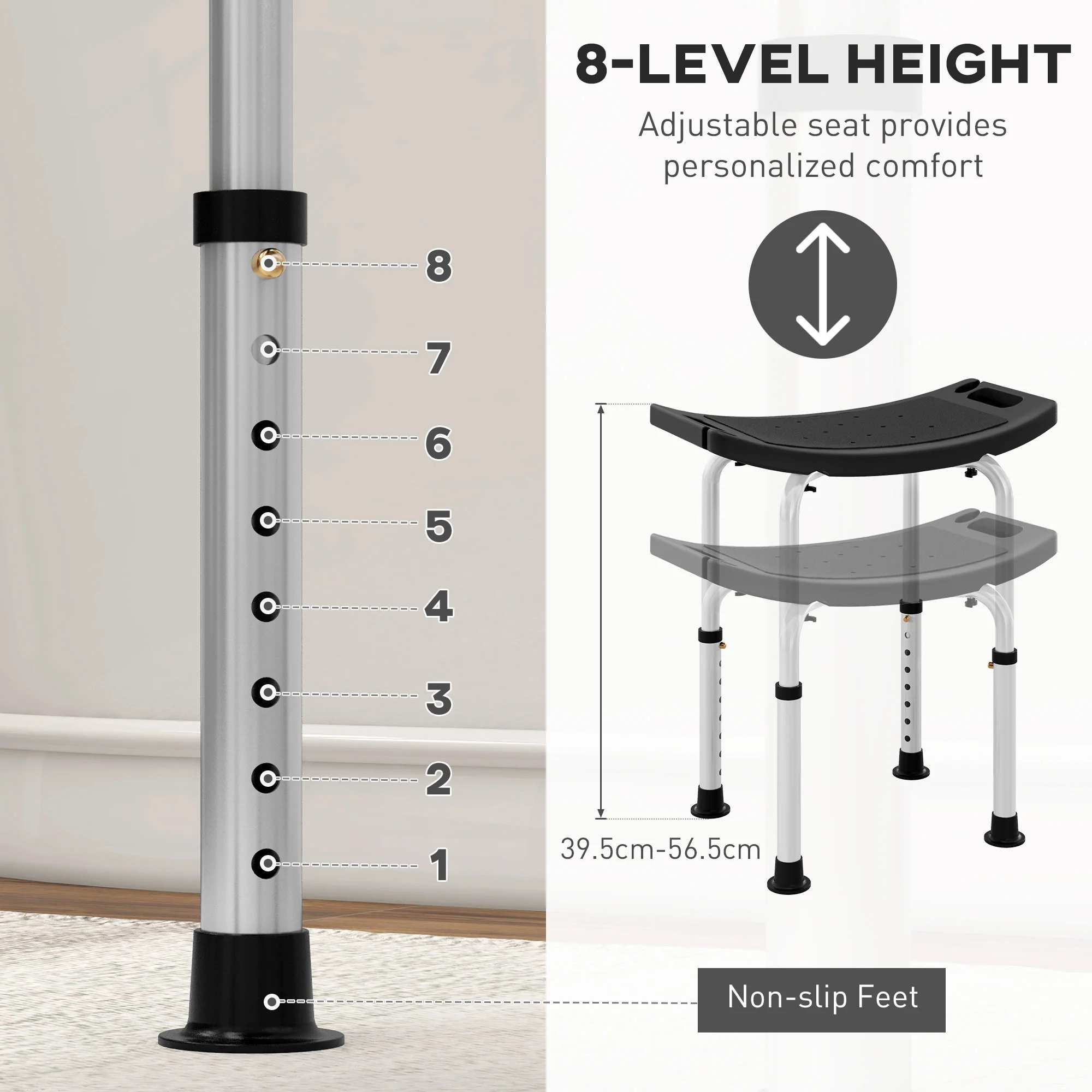 Height Adjustable Shower Stool W/ Non-Slip Foot Pads For Elderly Disabled Black - Image 3