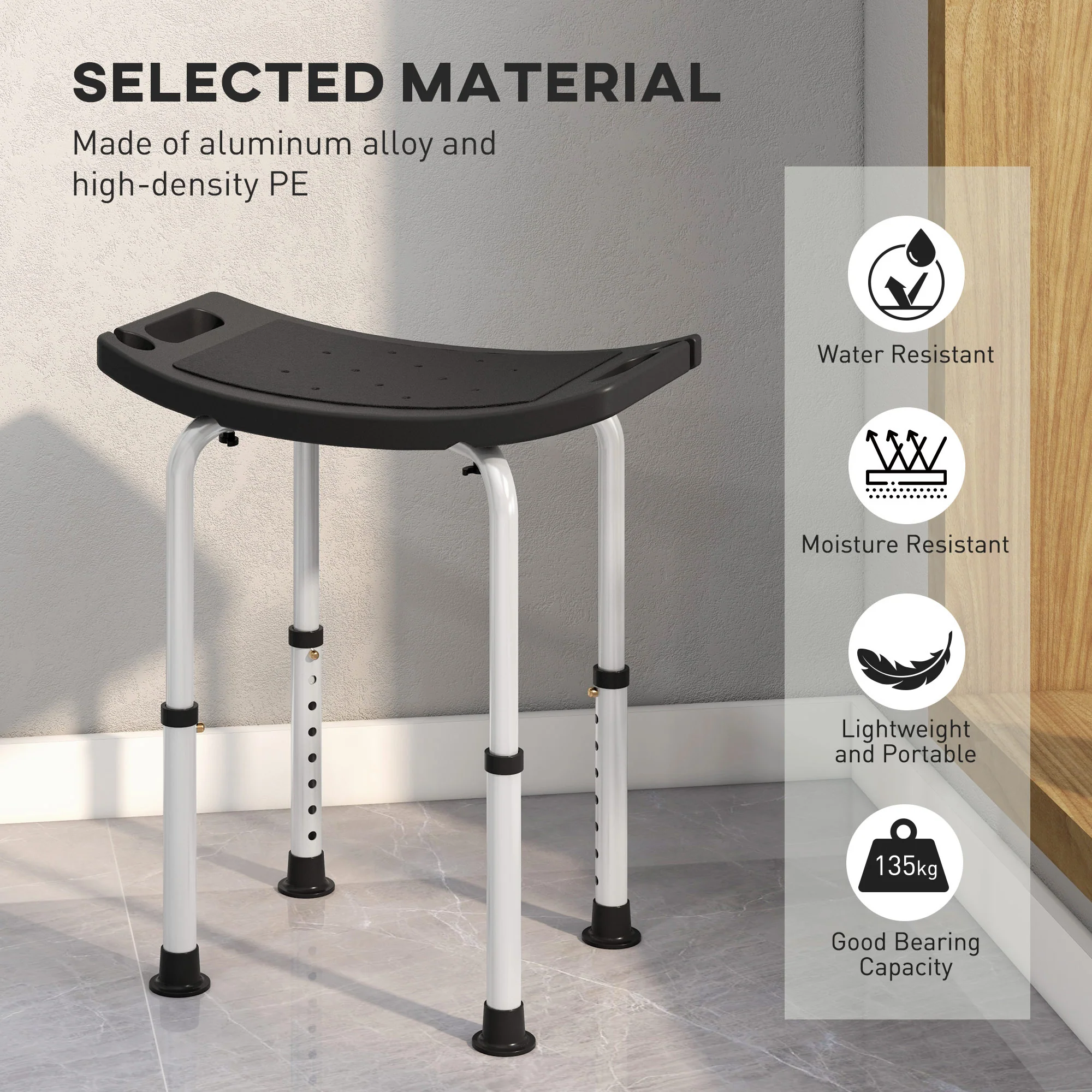 Height Adjustable Shower Stool W/ Non-Slip Foot Pads For Elderly Disabled Black - Image 6