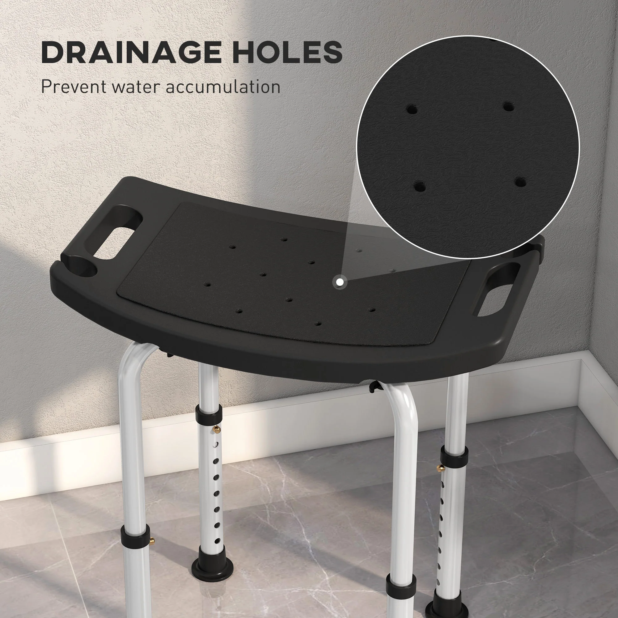 Height Adjustable Shower Stool W/ Non-Slip Foot Pads For Elderly Disabled Black - Image 7