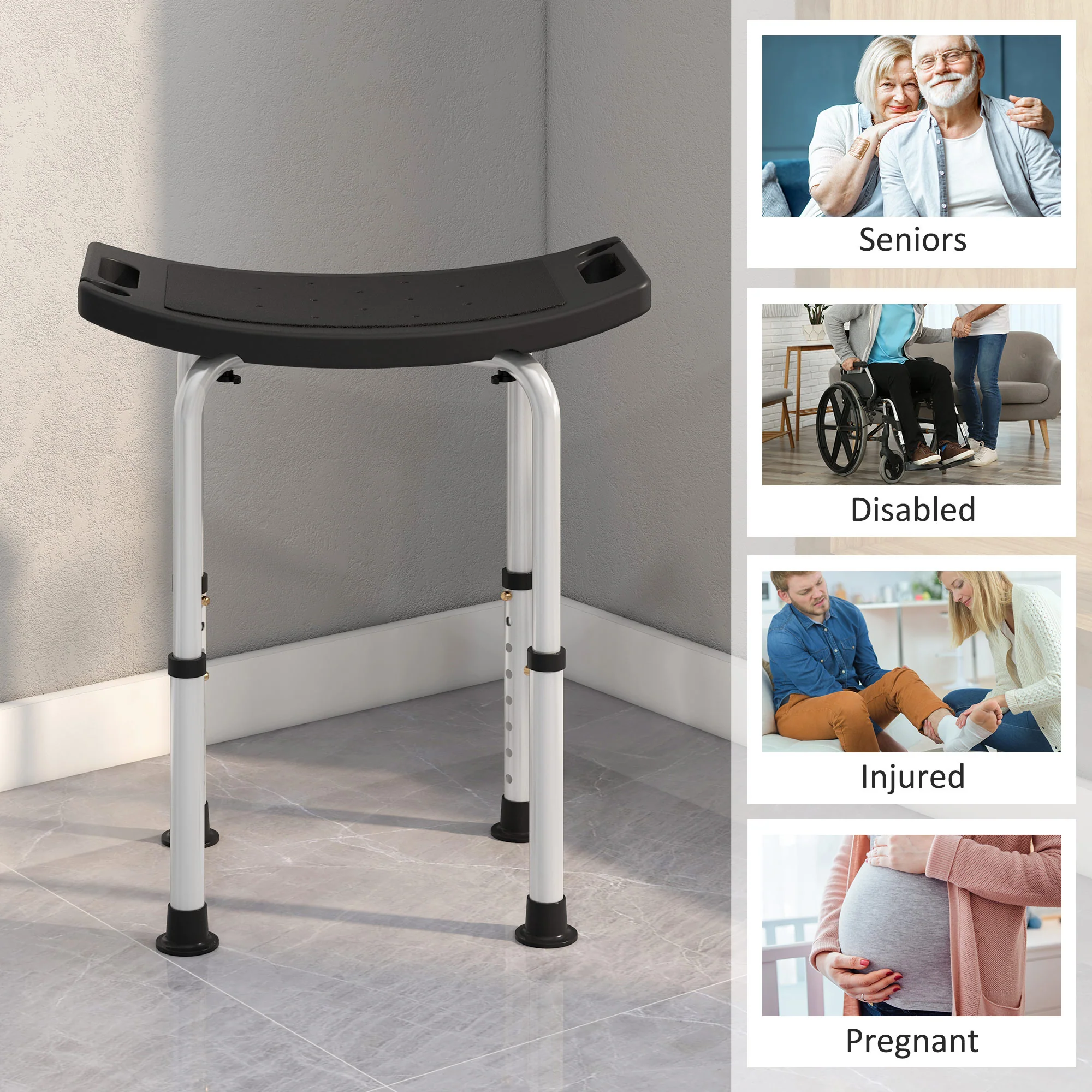 Height Adjustable Shower Stool W/ Non-Slip Foot Pads For Elderly Disabled Black - Image 8