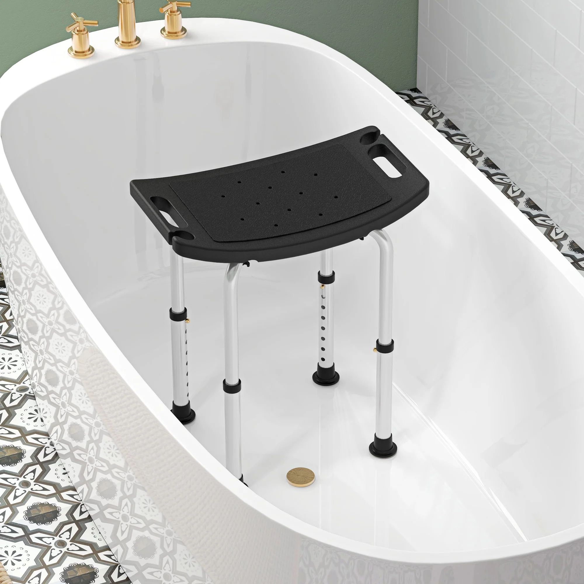 Height Adjustable Shower Stool W/ Non-Slip Foot Pads For Elderly Disabled Black - Image 9