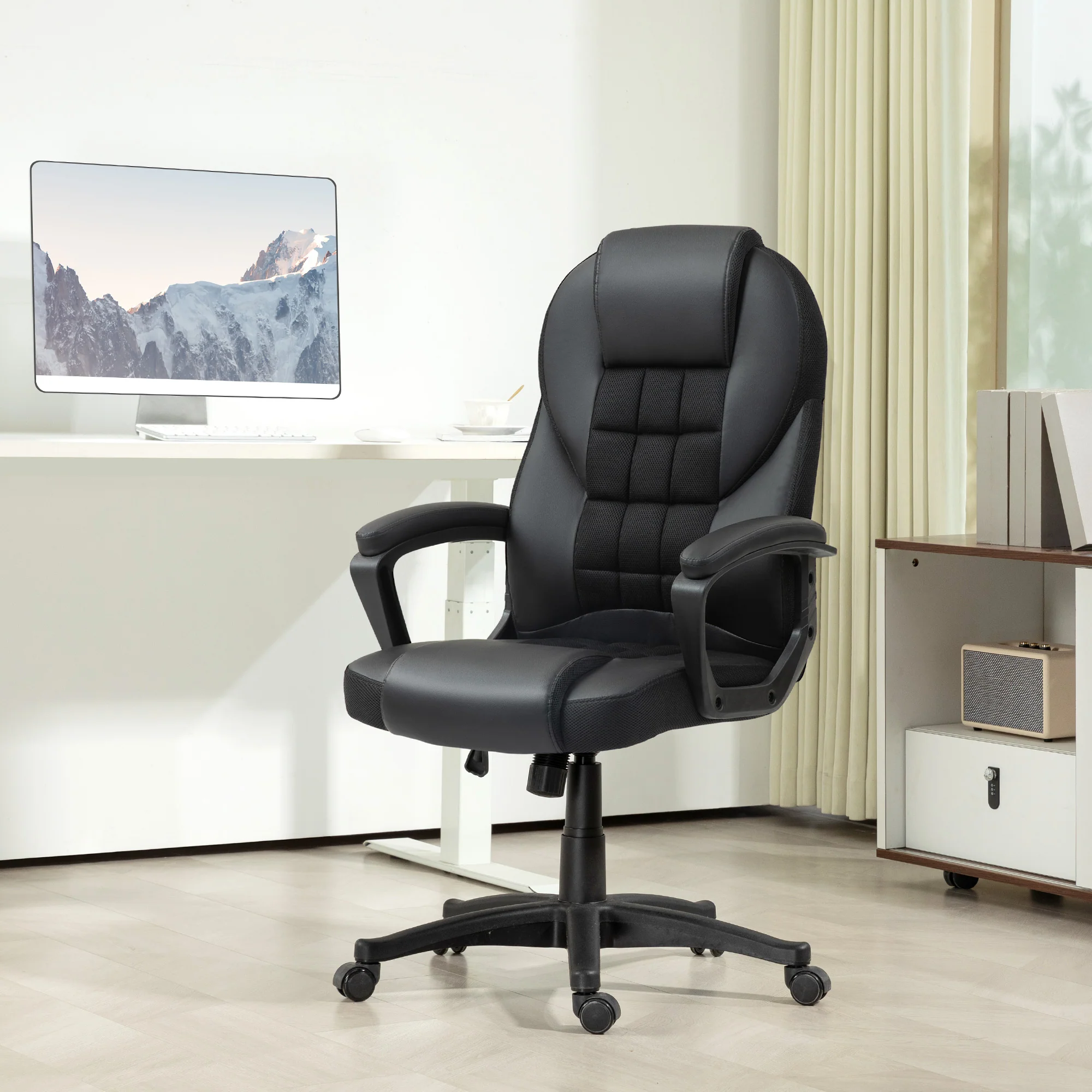 High Back Executive Office Chair PU Leather Desk Chair With Swivel Wheels - Black/Brown/Grey - Image 11