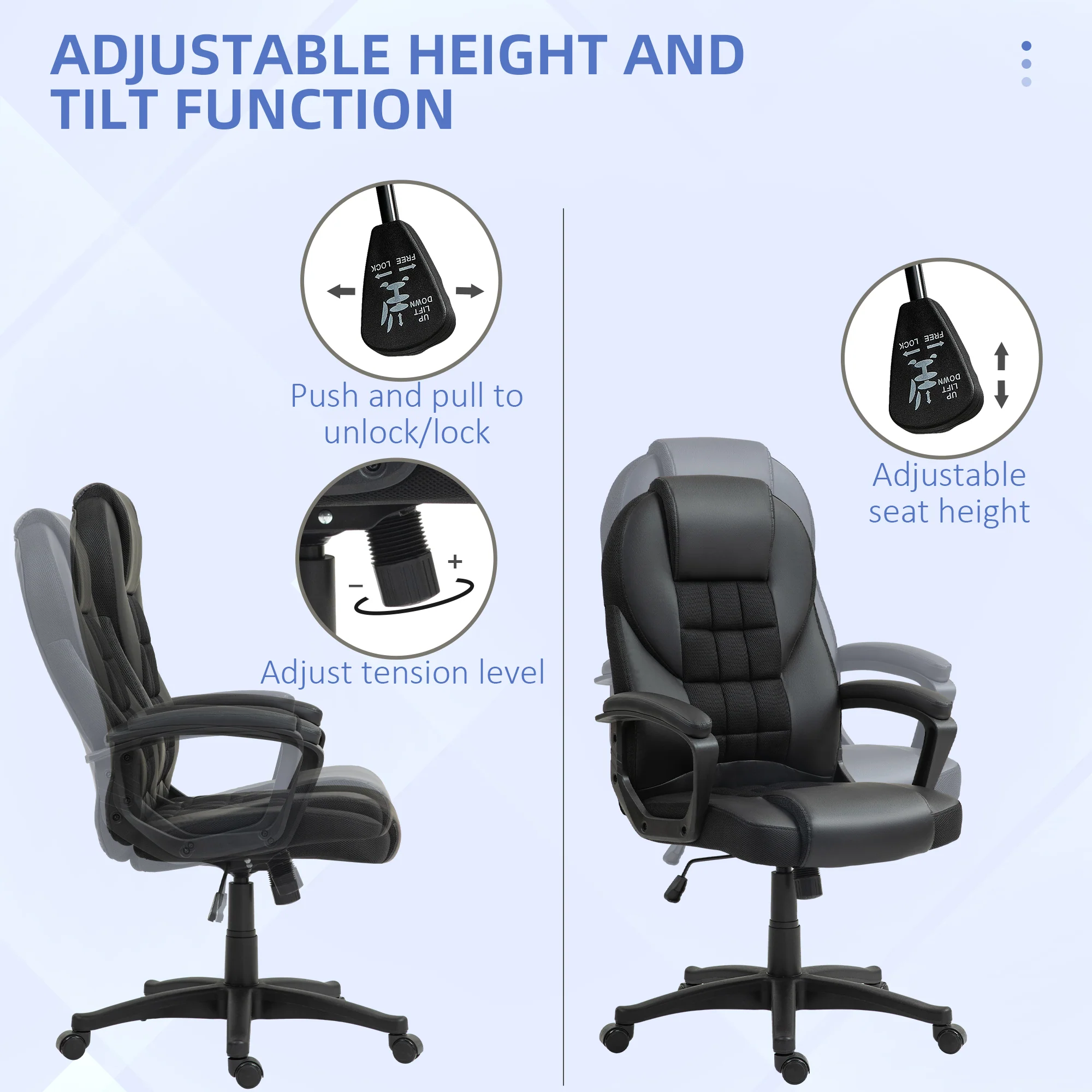 High Back Executive Office Chair PU Leather Desk Chair With Swivel Wheels - Black/Brown/Grey - Image 12