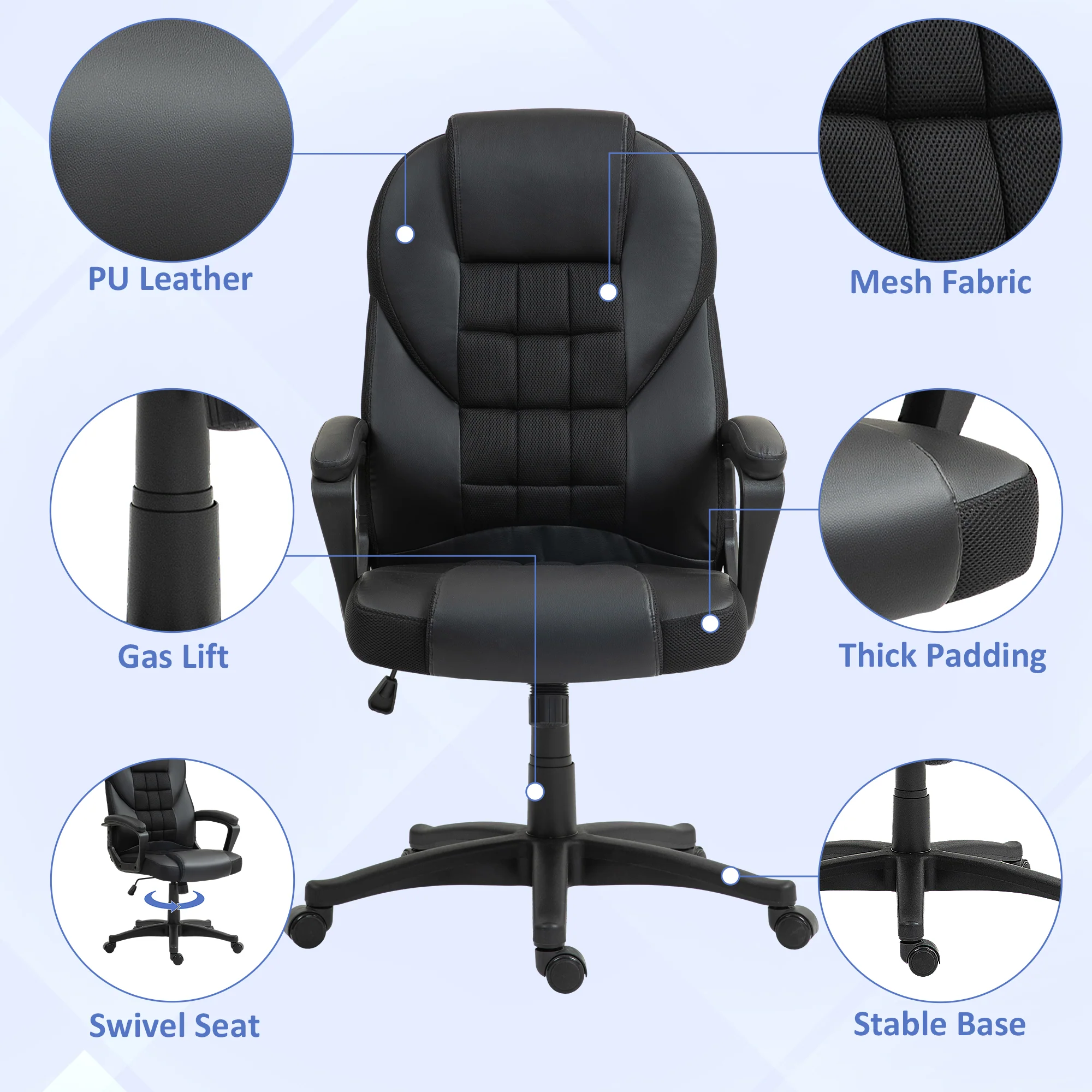 High Back Executive Office Chair PU Leather Desk Chair With Swivel Wheels - Black/Brown/Grey - Image 14