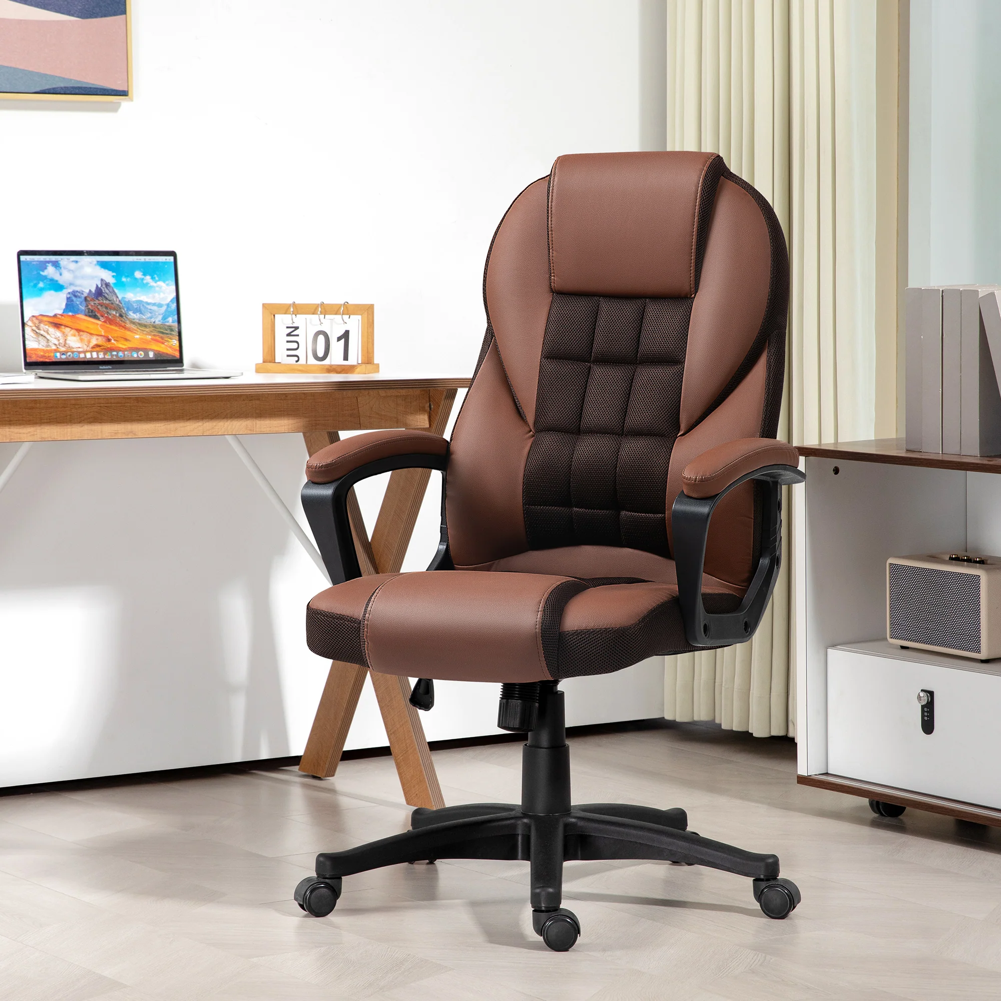 High Back Executive Office Chair PU Leather Desk Chair With Swivel Wheels - Black/Brown/Grey - Image 21