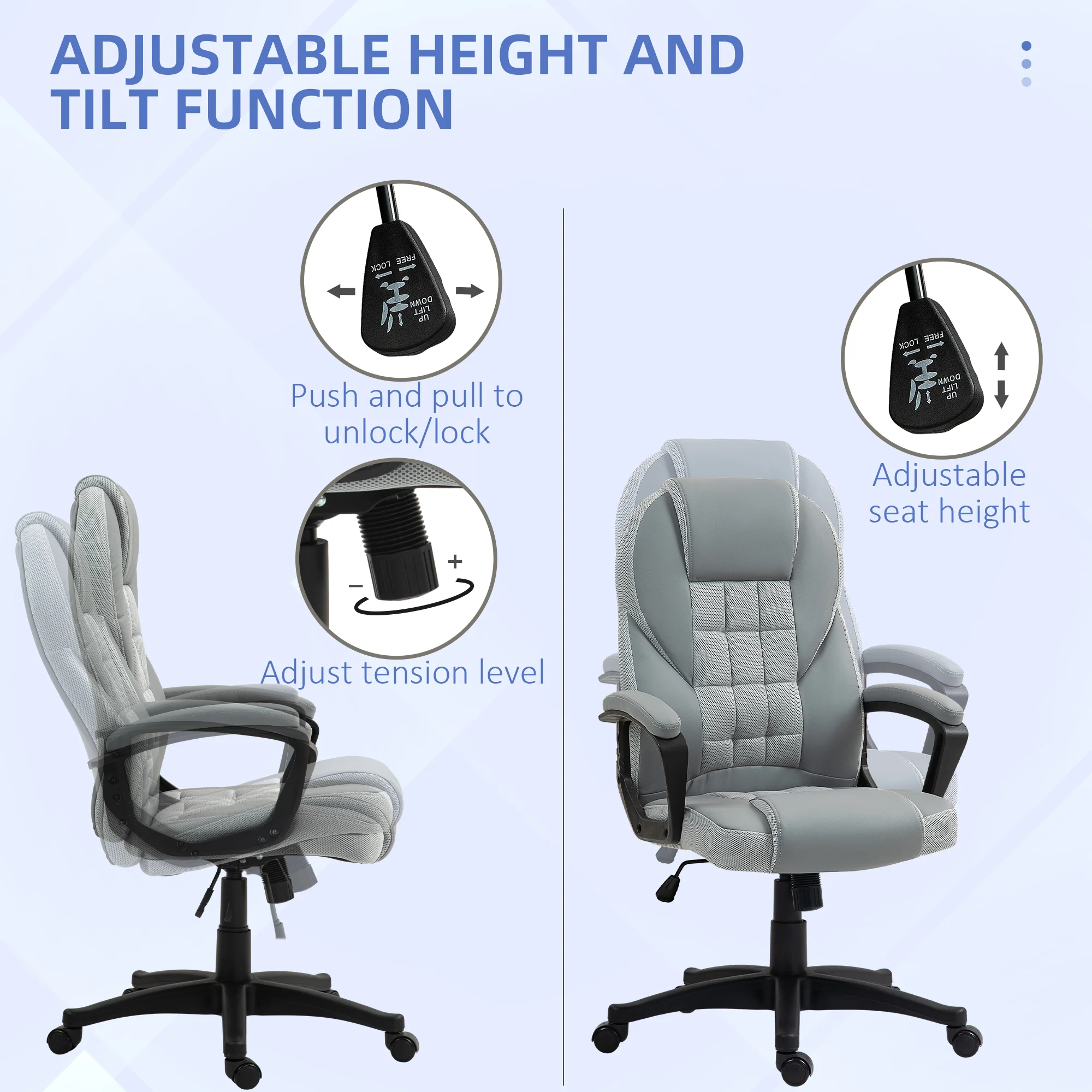High Back Executive Office Chair PU Leather Desk Chair With Swivel Wheels - Black/Brown/Grey - Image 3