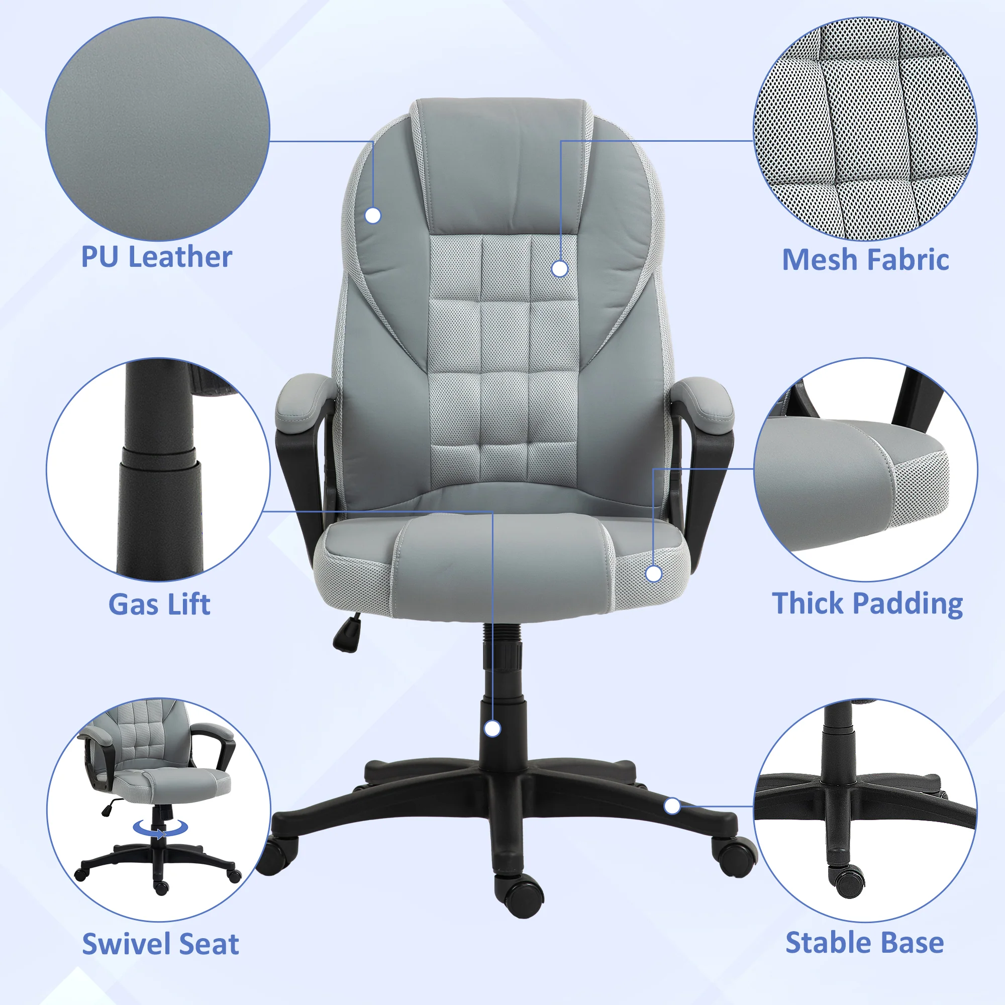 High Back Executive Office Chair PU Leather Desk Chair With Swivel Wheels - Black/Brown/Grey - Image 4