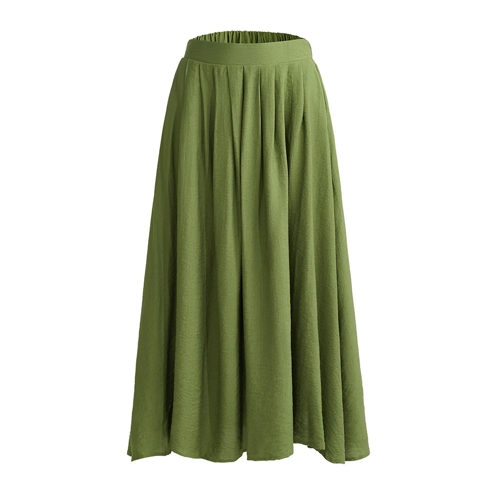 High Waist A-line Midi Skirt With Elastic Waistband And Pockets - Green - Image 3