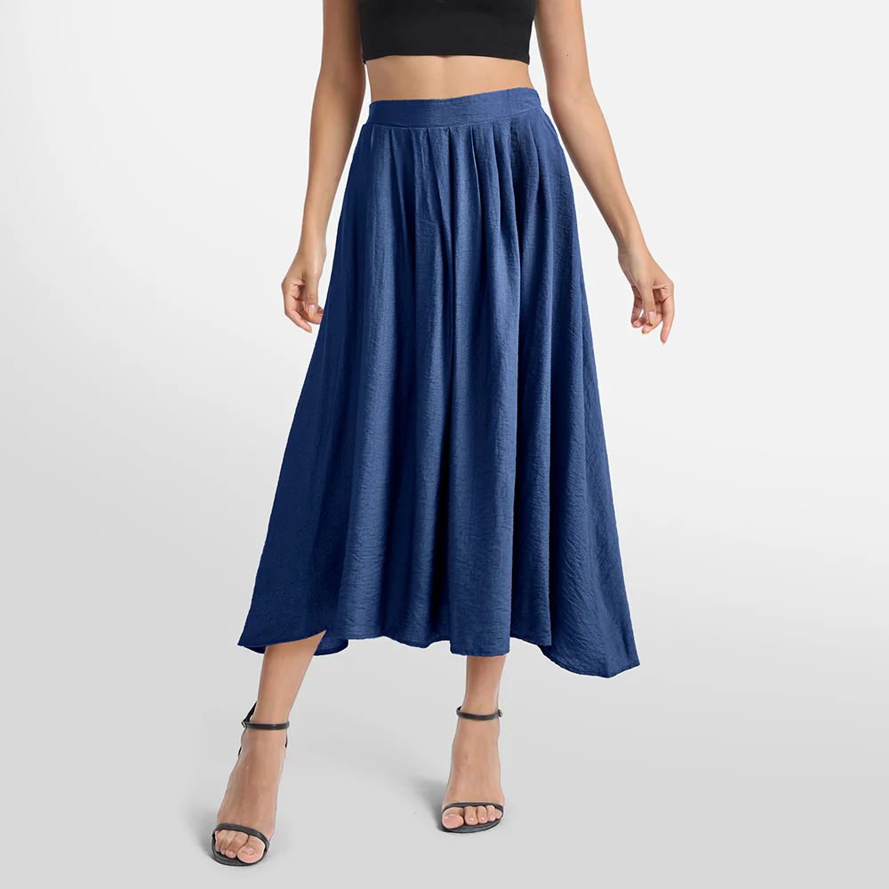 High Waist A-line Midi Skirt With Elastic Waistband And Pockets - Blue