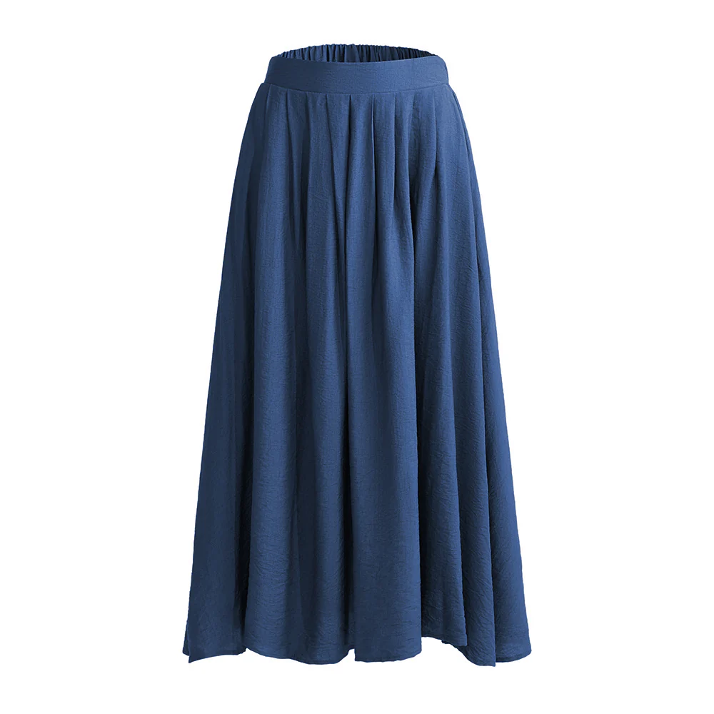 High Waist A-line Midi Skirt With Elastic Waistband And Pockets - Blue - Image 3