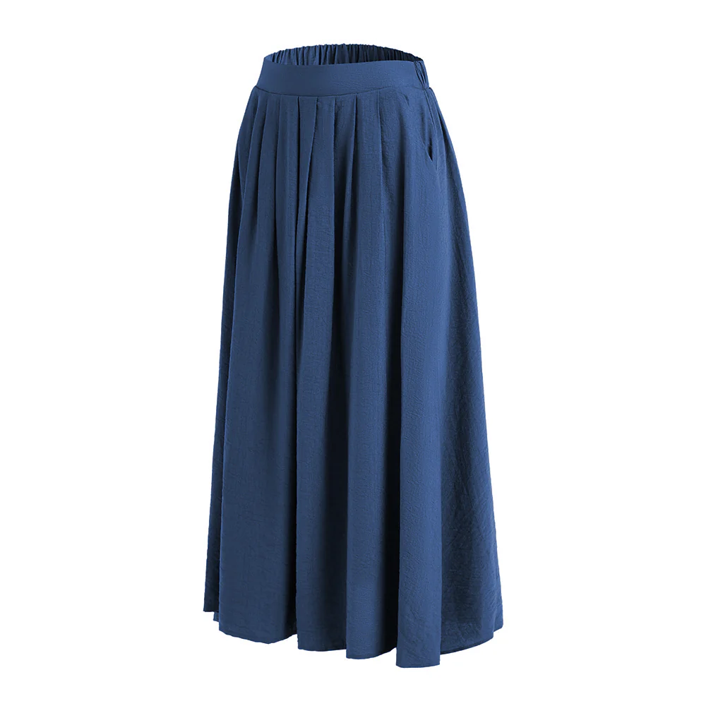 High Waist A-line Midi Skirt With Elastic Waistband And Pockets - Blue - Image 4
