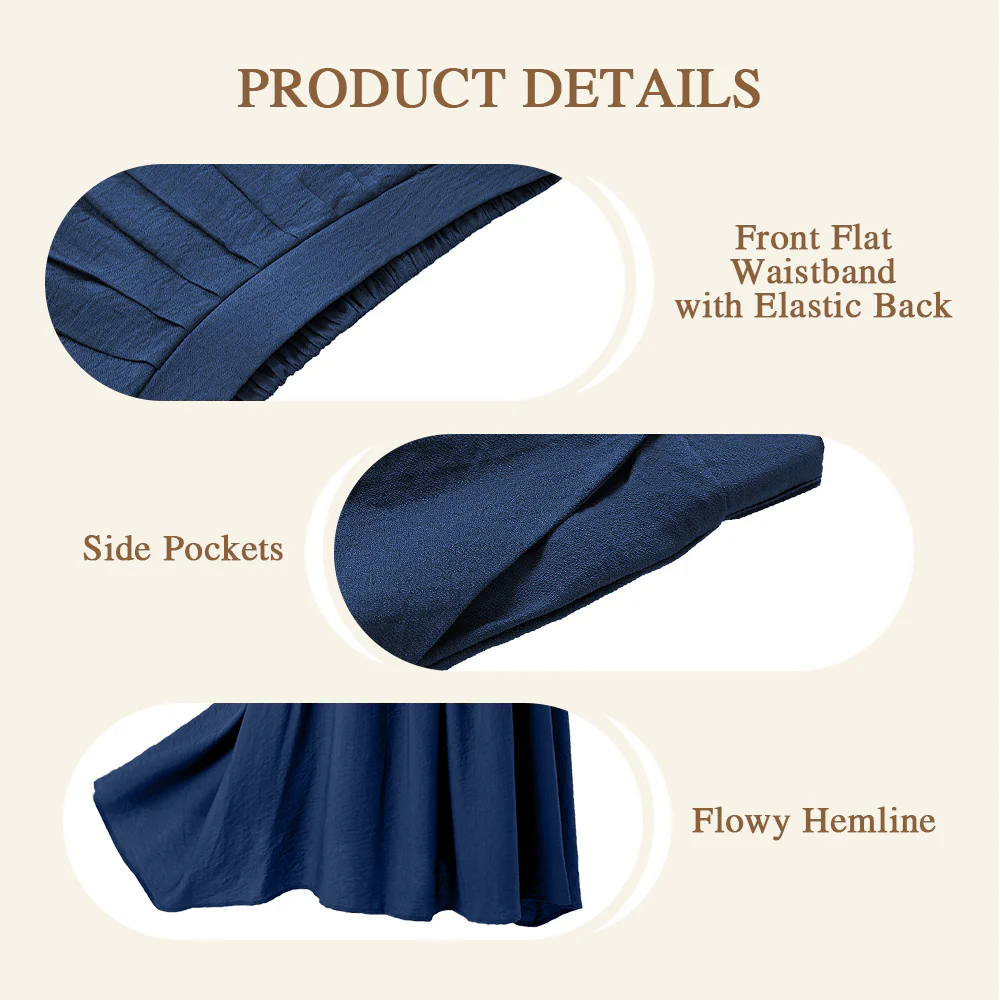 High Waist A-line Midi Skirt With Elastic Waistband And Pockets - Blue - Image 7