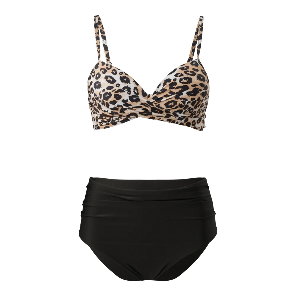 High-waisted Two-Piece Swimsuit Set Black Leopard - Image 3