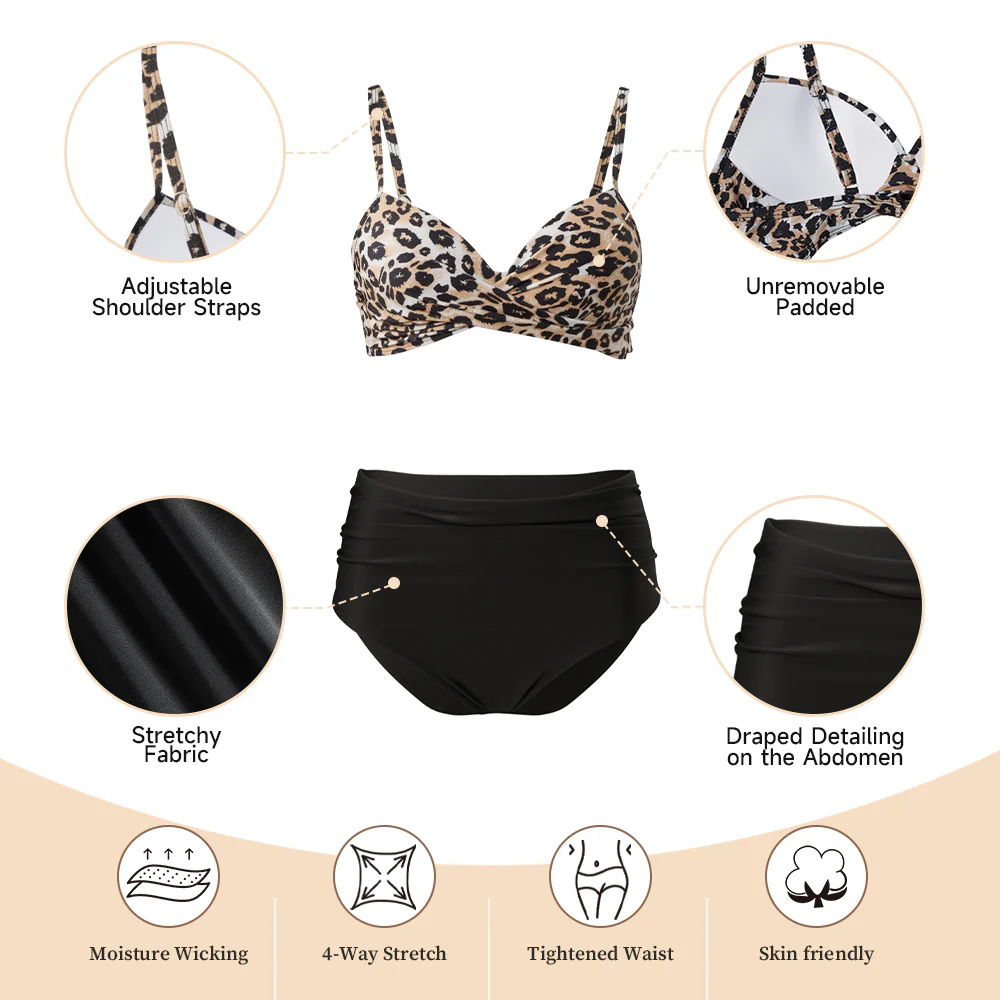 High-waisted Two-Piece Swimsuit Set Black Leopard - Image 7