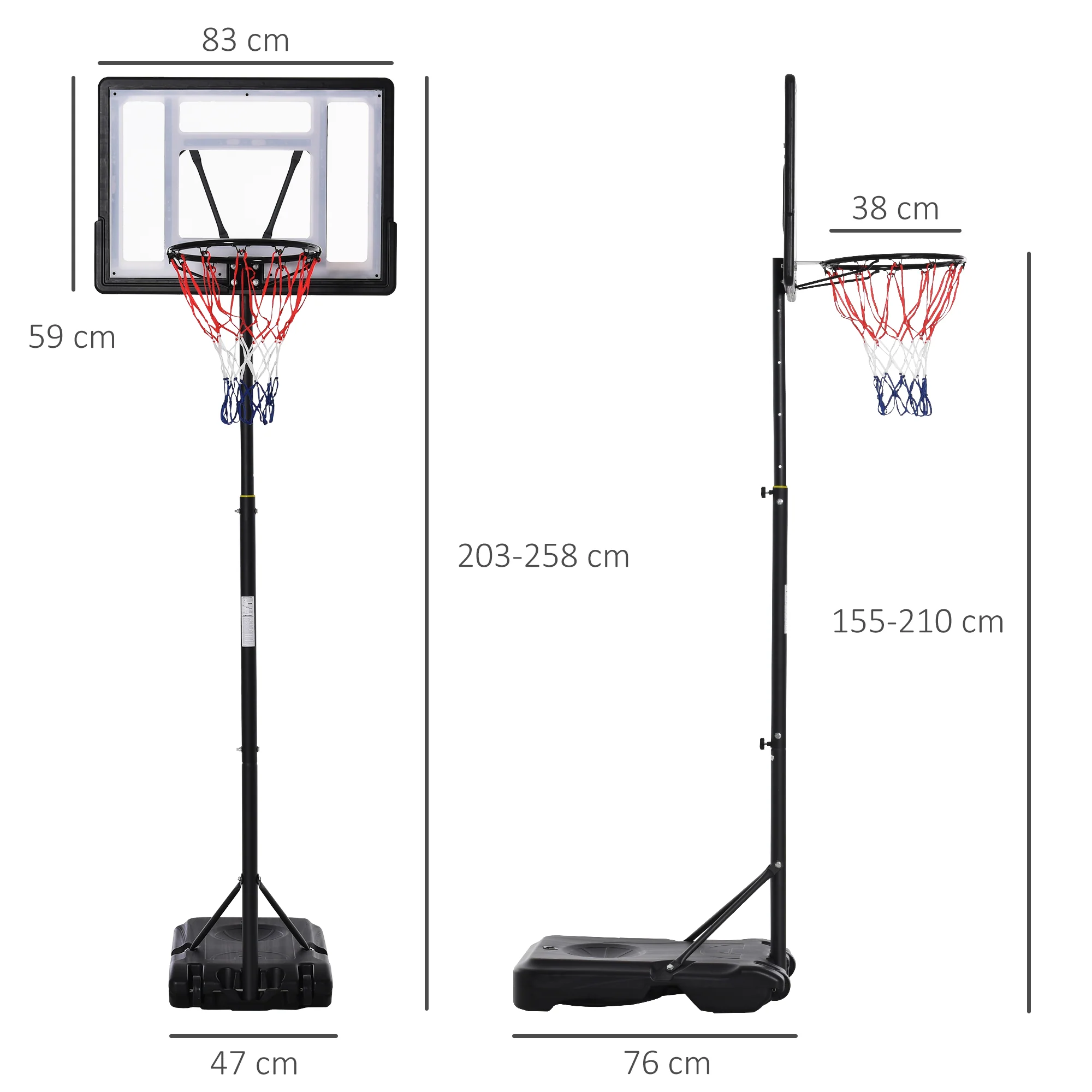 HOMCOM 1.55-2.1m Basketball Hoop And Stand W/ Fillable Base, Wheels - Black - Image 5