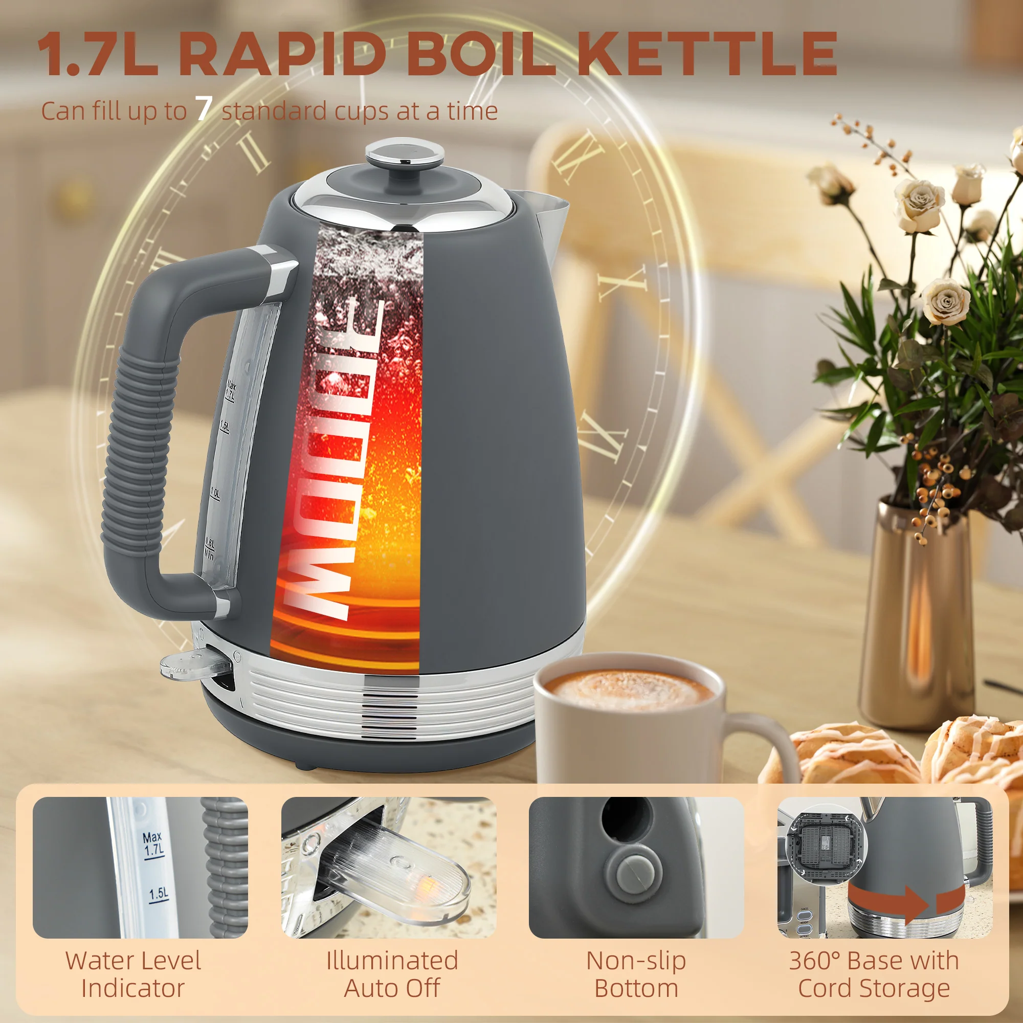 HOMCOM 1.7L 3000W Quick Boil Kettle And 4 Slice Toaster Set Crumb Tray - Image 4