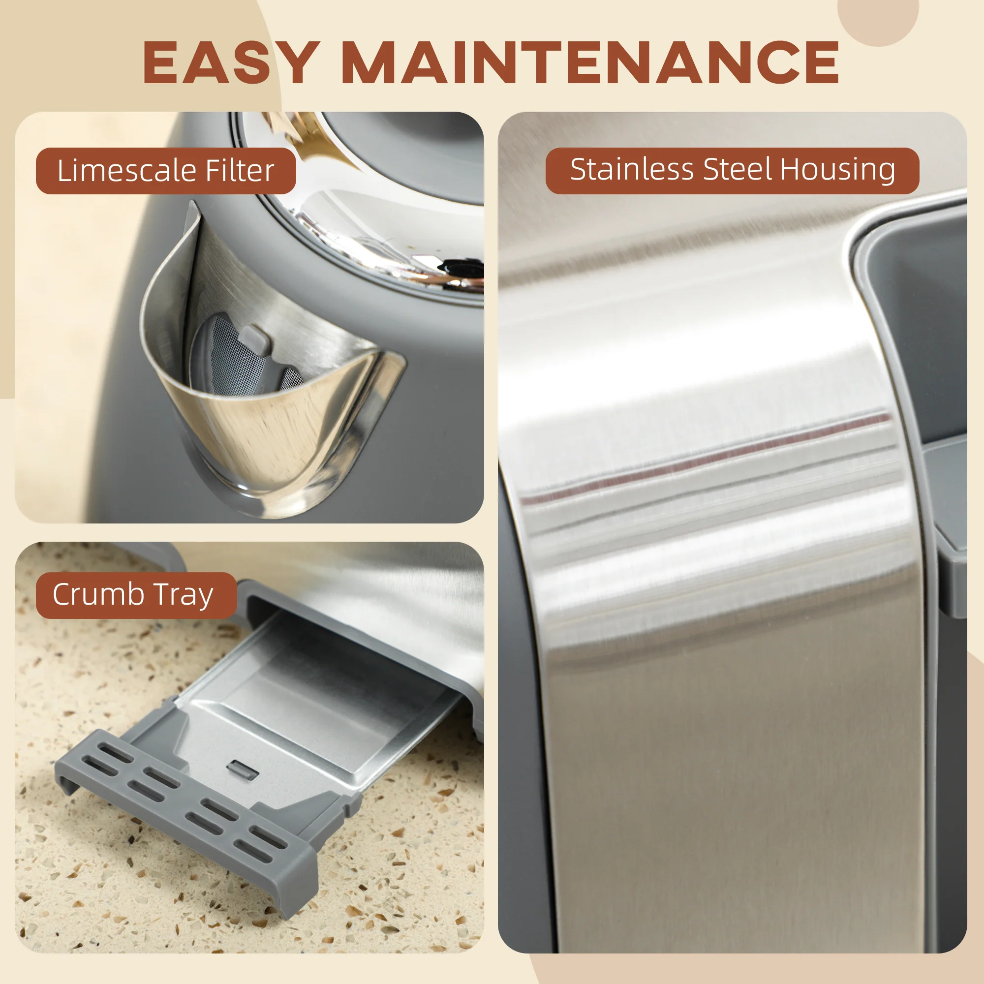 HOMCOM 1.7L 3000W Quick Boil Kettle And 4 Slice Toaster Set Crumb Tray - Image 7