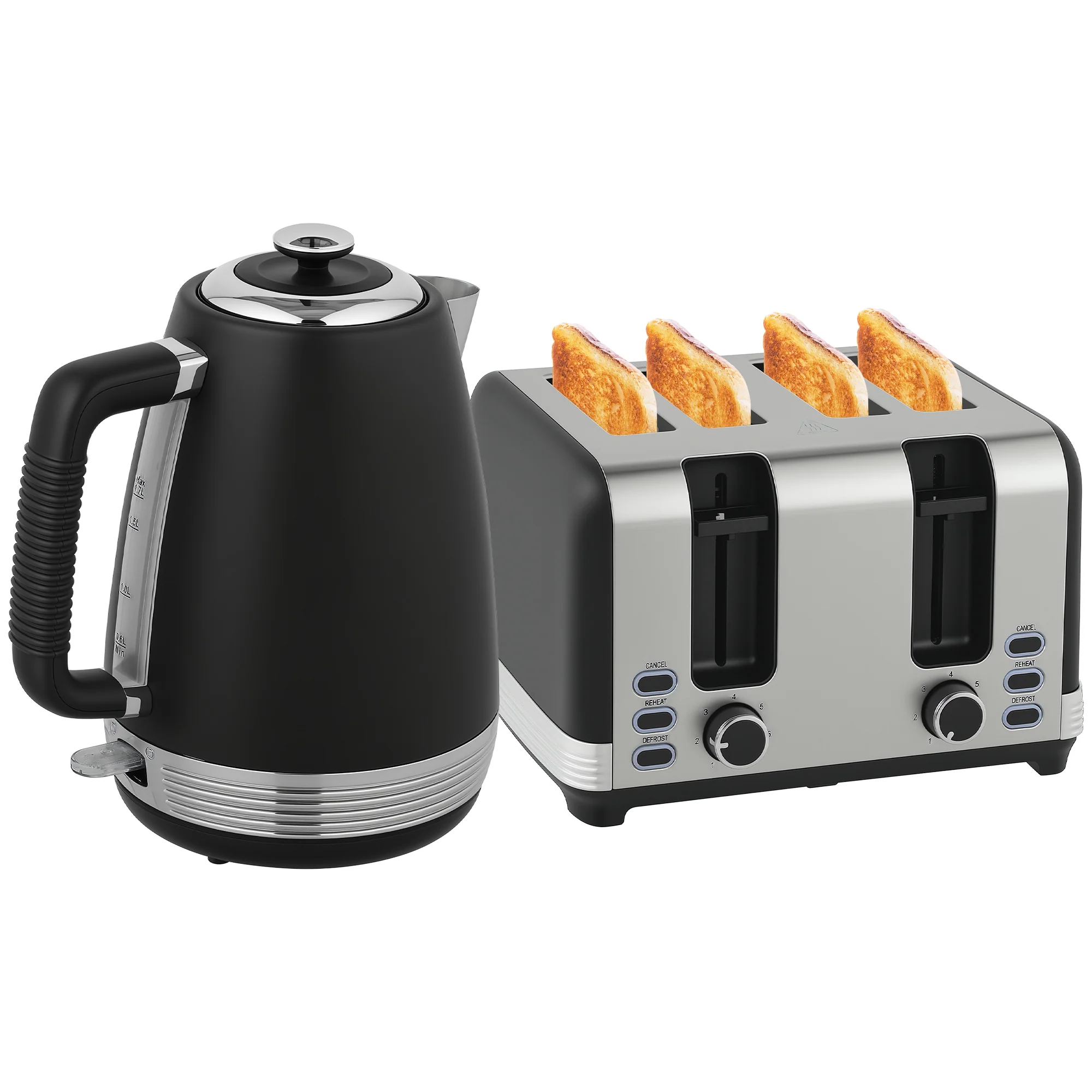 HOMCOM 1.7L 3000W Quick Boil Kettle And 4 Slice Toaster Set Crumb Tray Black