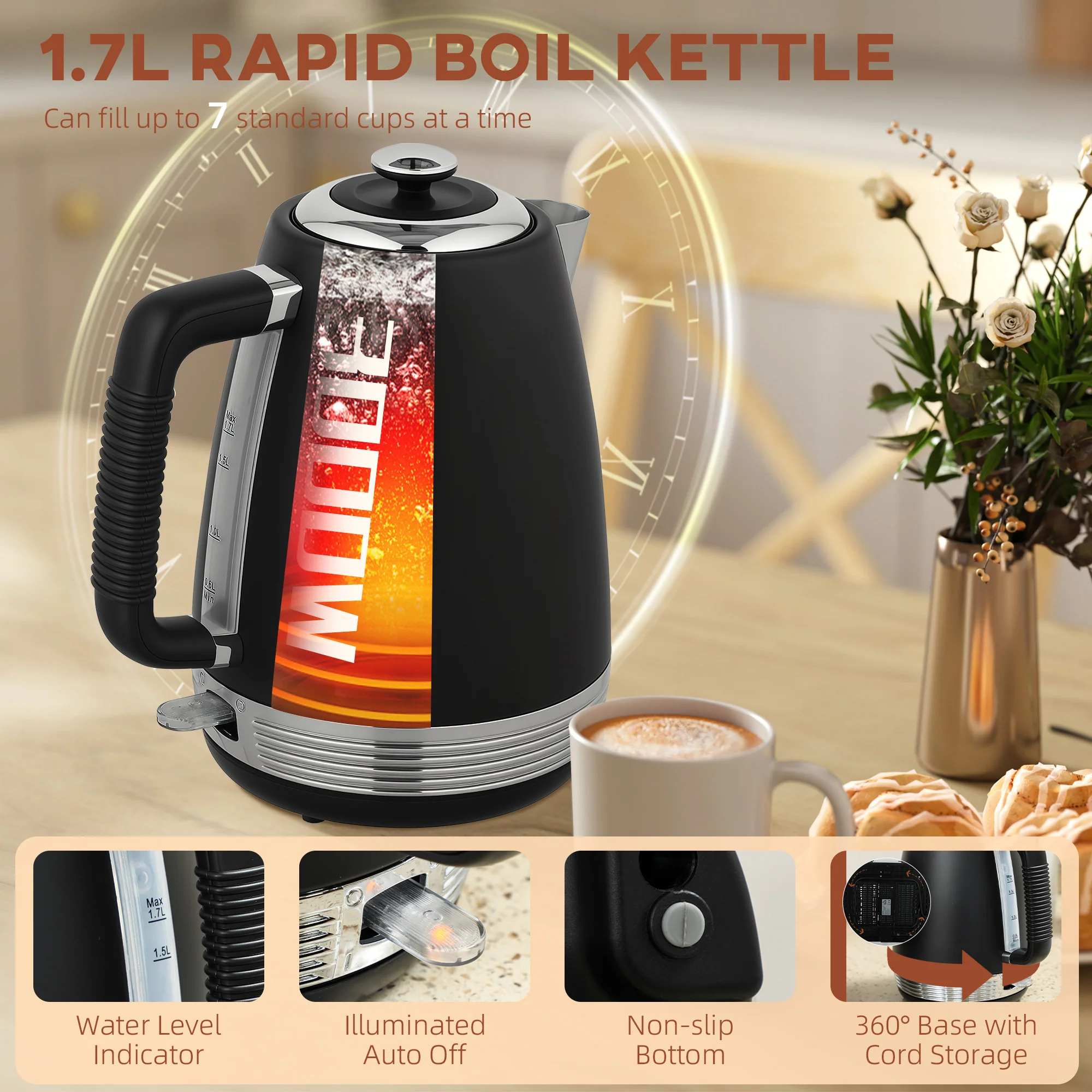 HOMCOM 1.7L 3000W Quick Boil Kettle And 4 Slice Toaster Set Crumb Tray Black - Image 3