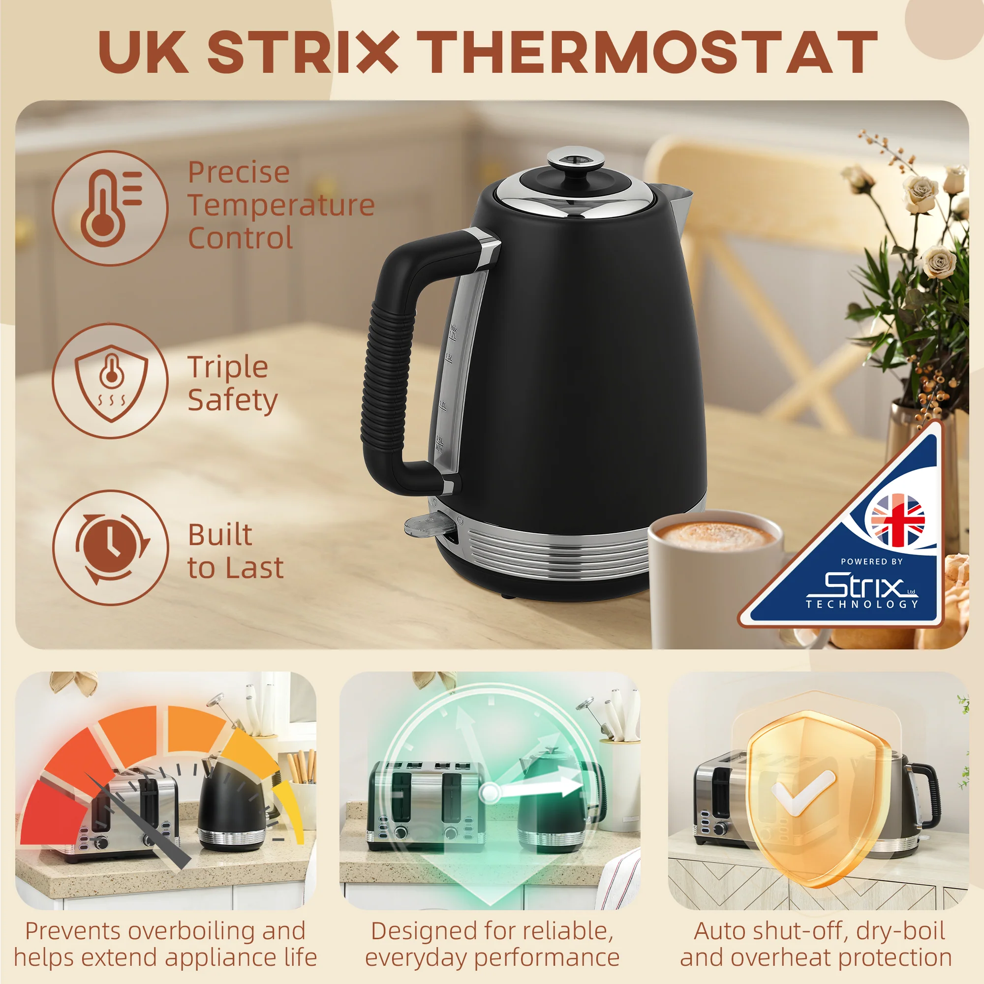 HOMCOM 1.7L 3000W Quick Boil Kettle And 4 Slice Toaster Set Crumb Tray Black - Image 4