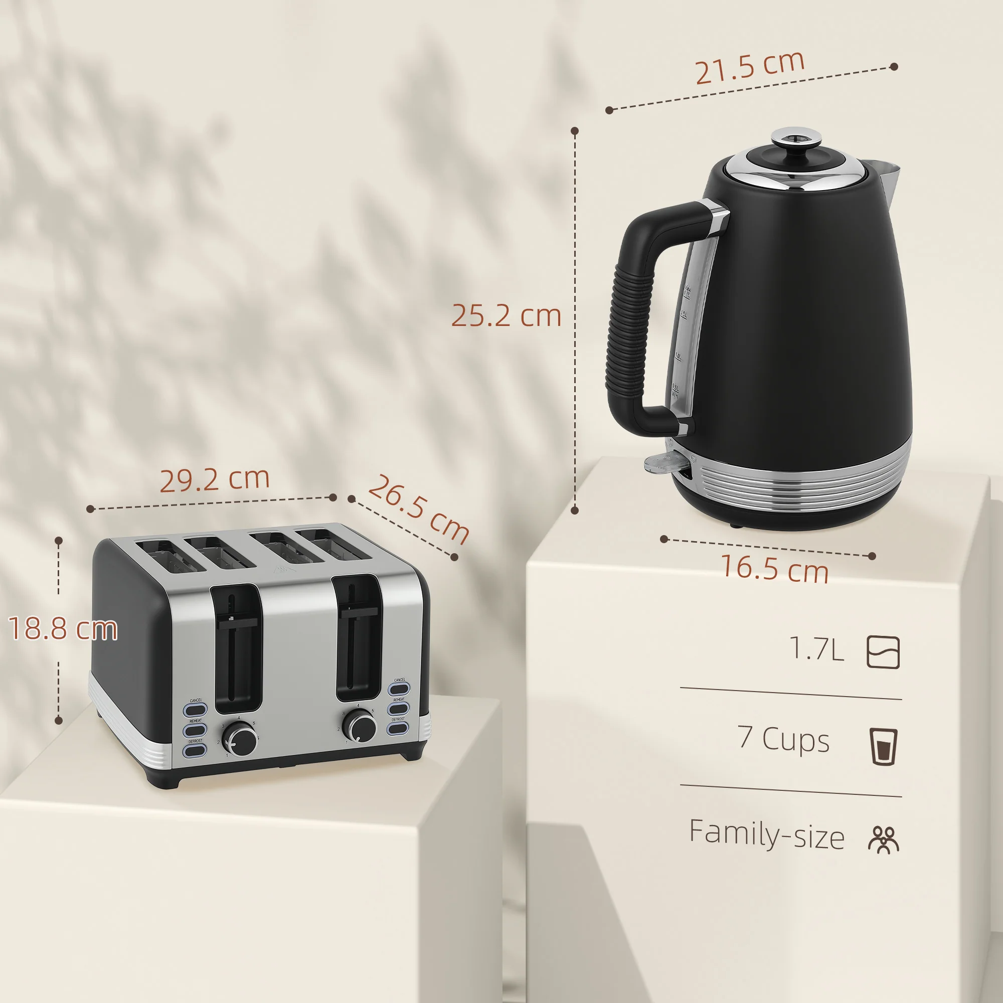 HOMCOM 1.7L 3000W Quick Boil Kettle And 4 Slice Toaster Set Crumb Tray Black - Image 5