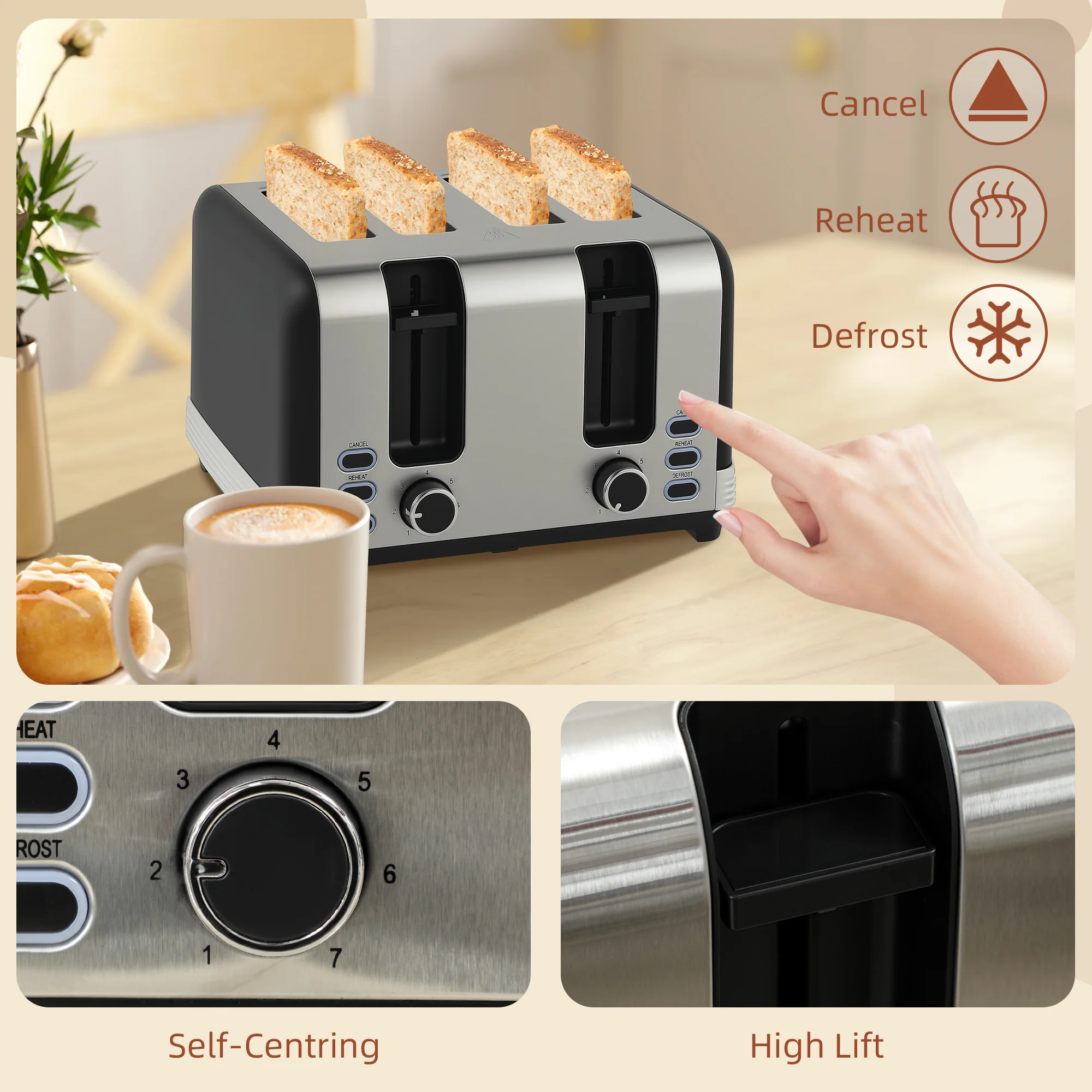 HOMCOM 1.7L 3000W Quick Boil Kettle And 4 Slice Toaster Set Crumb Tray Black - Image 8