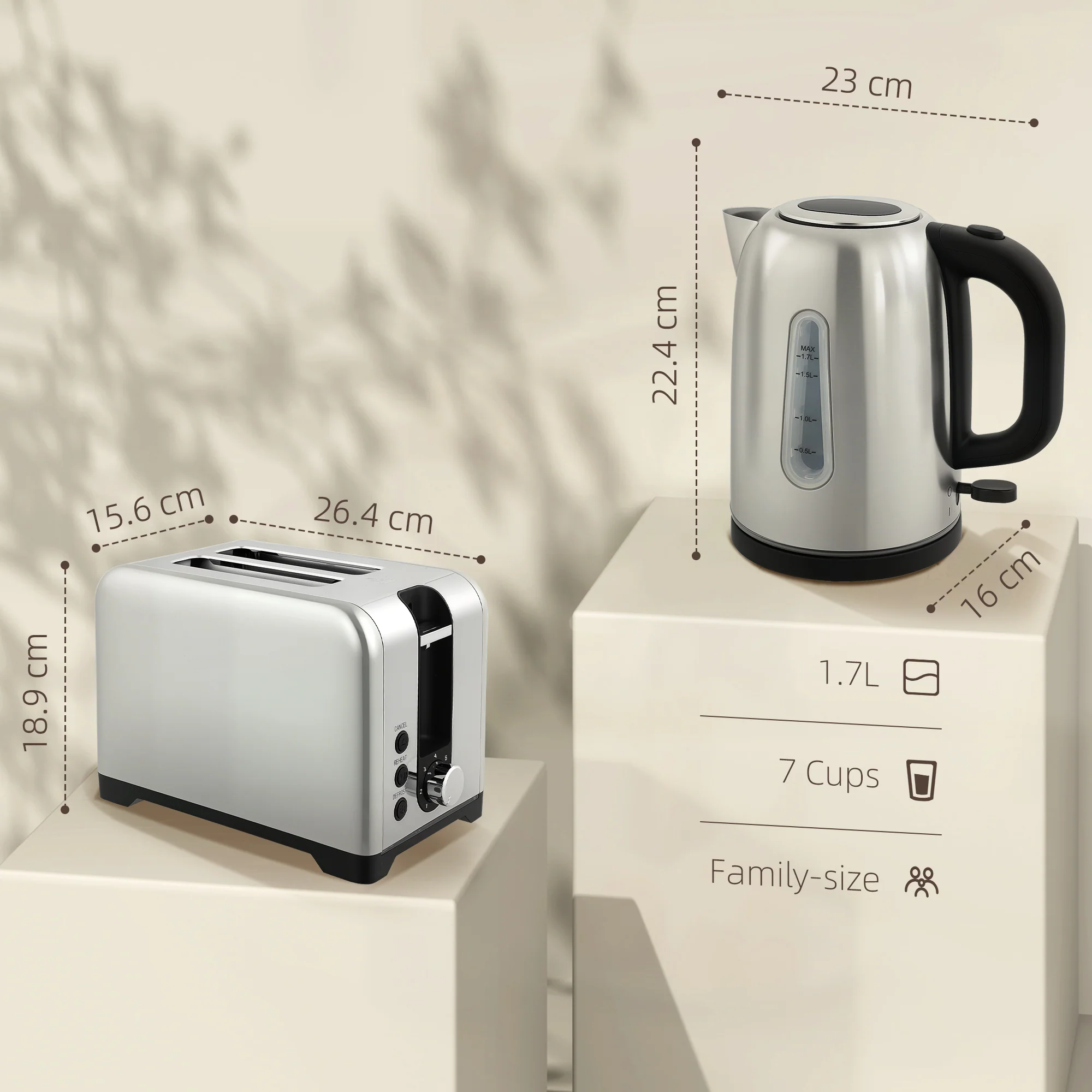HOMCOM 1.7L 3000W Rapid Boil Jug Kettle And 2-Slice Toaster Set - Image 12