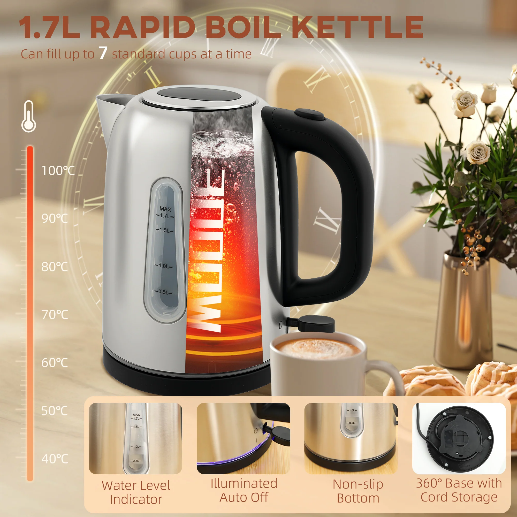 HOMCOM 1.7L 3000W Rapid Boil Jug Kettle And 2-Slice Toaster Set - Image 13