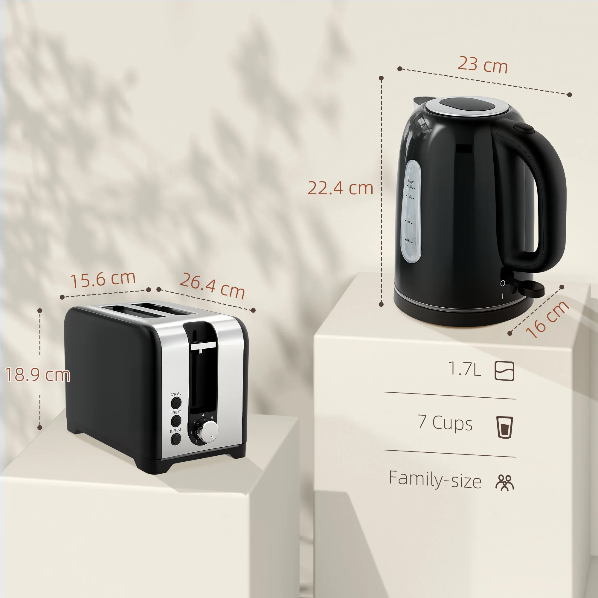 HOMCOM 1.7L 3000W Rapid Boil Jug Kettle And 2-Slice Toaster Set - Image 3