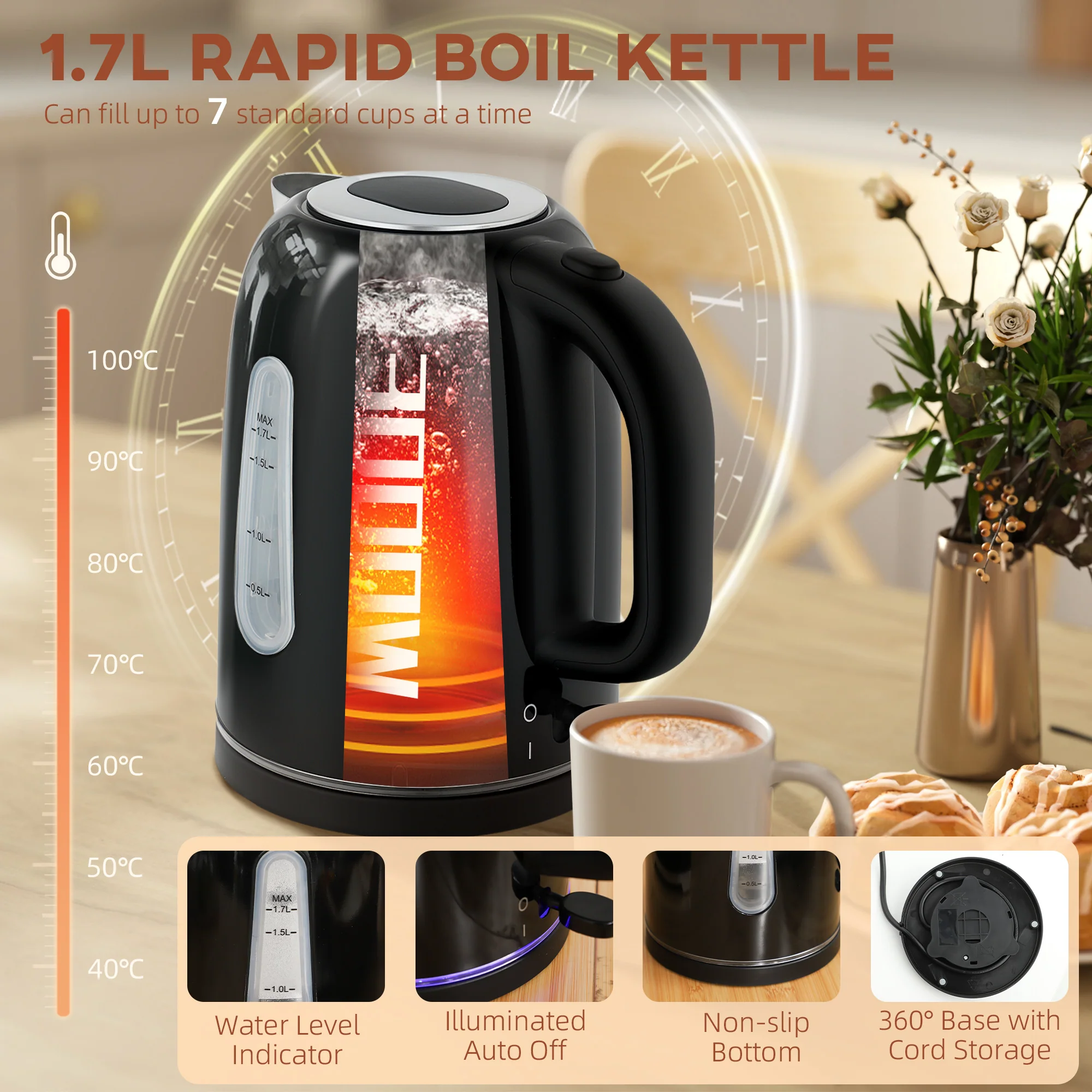 HOMCOM 1.7L 3000W Rapid Boil Jug Kettle And 2-Slice Toaster Set - Image 4