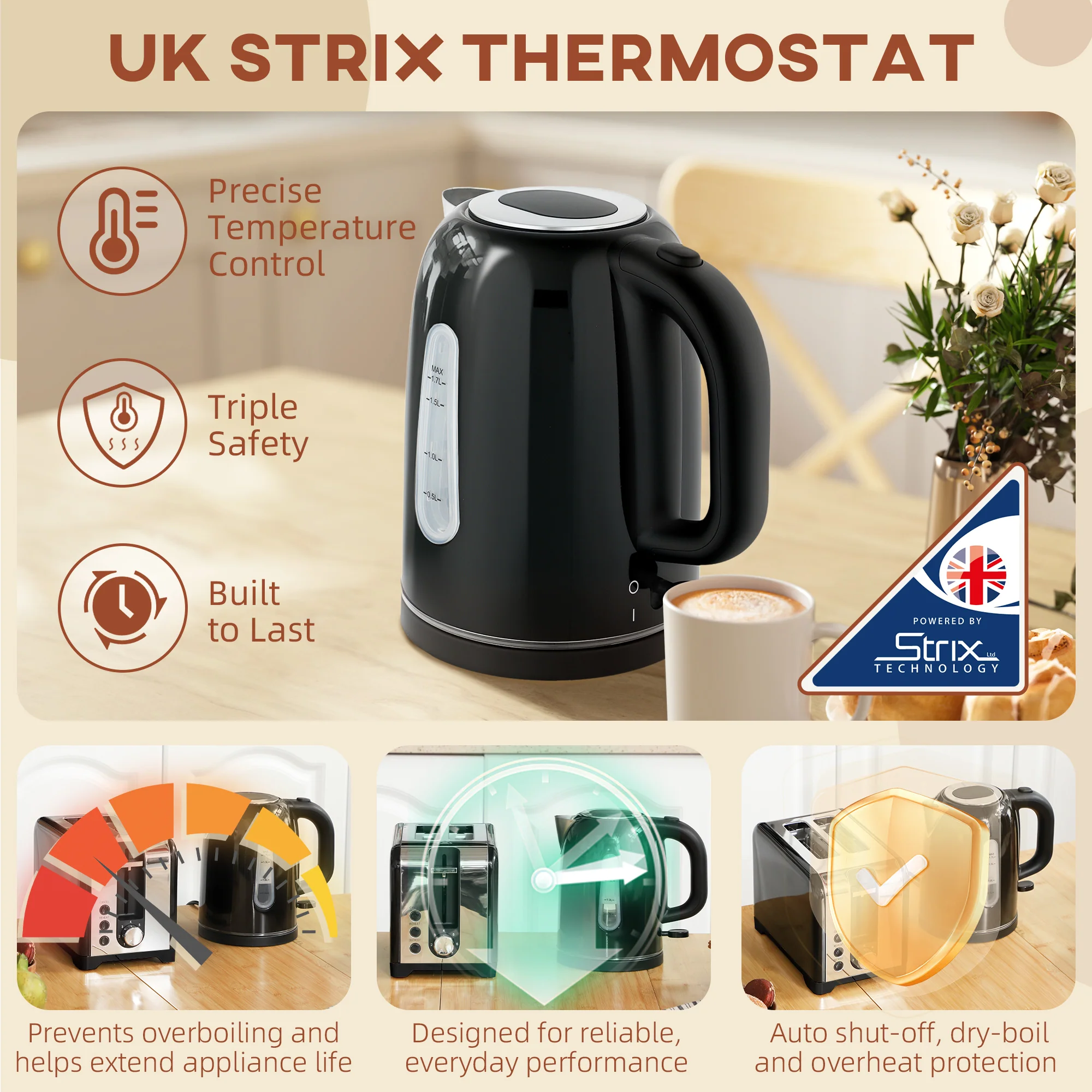 HOMCOM 1.7L 3000W Rapid Boil Jug Kettle And 2-Slice Toaster Set - Image 5