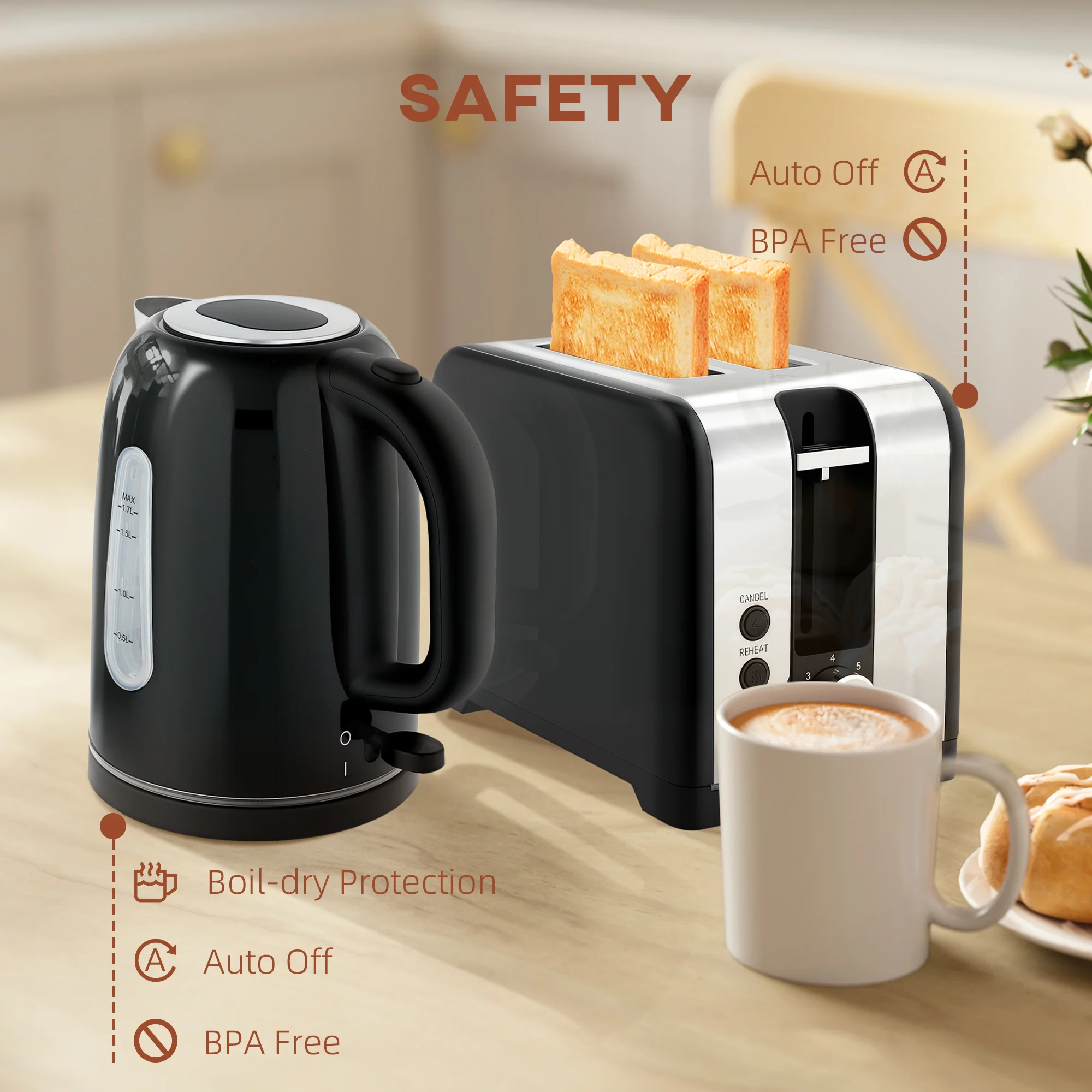 HOMCOM 1.7L 3000W Rapid Boil Jug Kettle And 2-Slice Toaster Set - Image 9