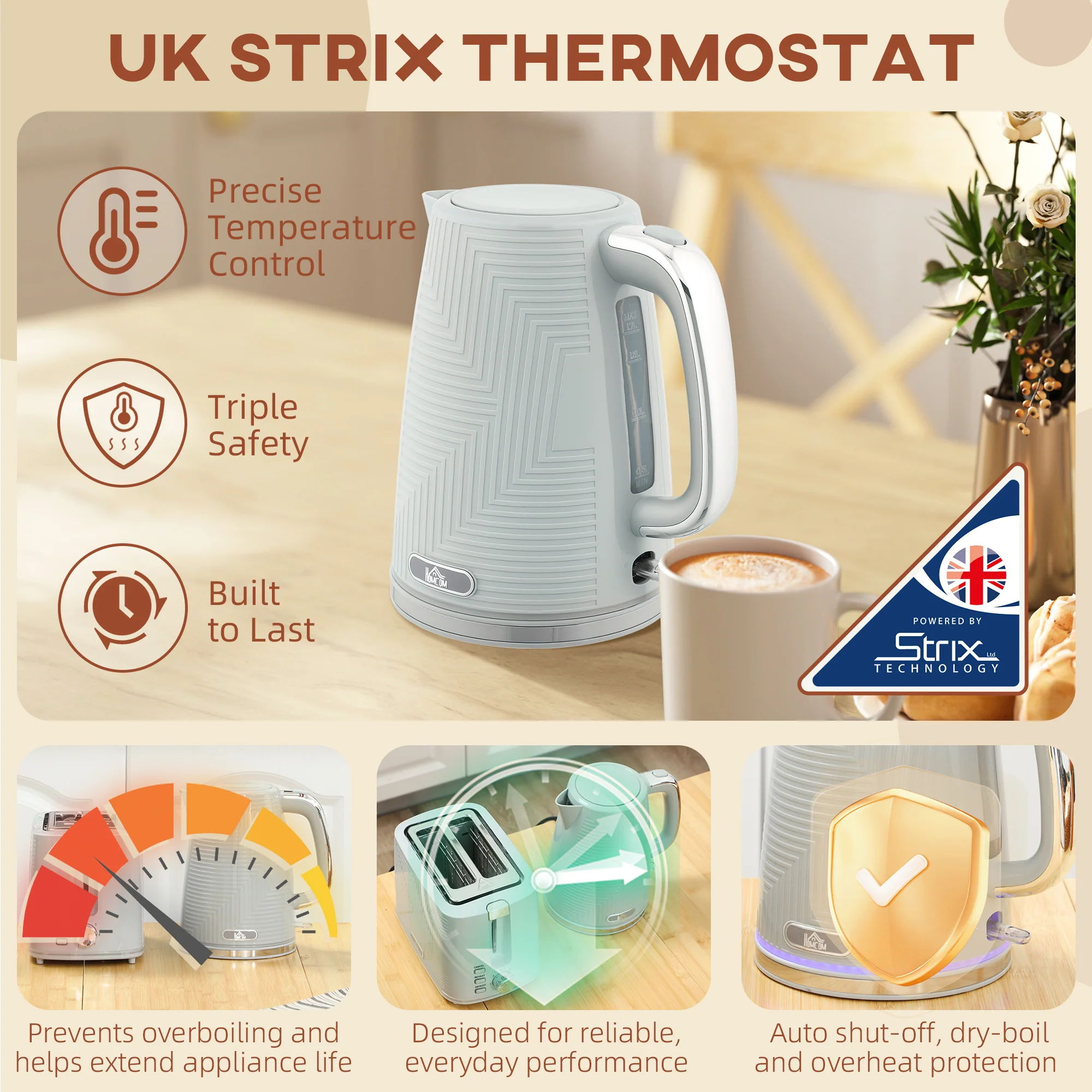 HOMCOM 1.7L 3000W Rapid Boil Kettle And 2 Slice Toaster Set Crumb Tray - Image 14