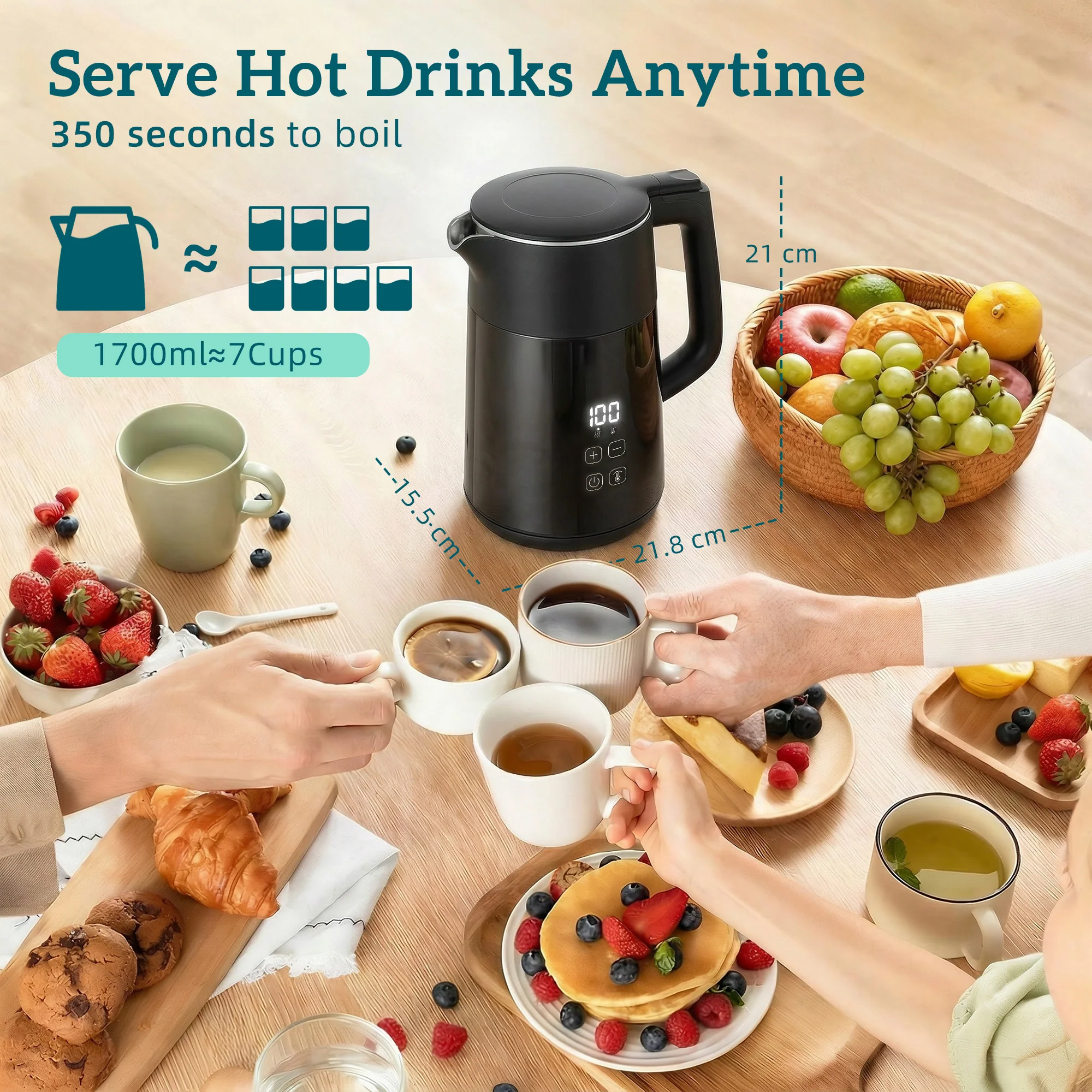 HOMCOM 1.7L Fast Boil 3000W Electric Kettle With LED Display, Black - Image 3