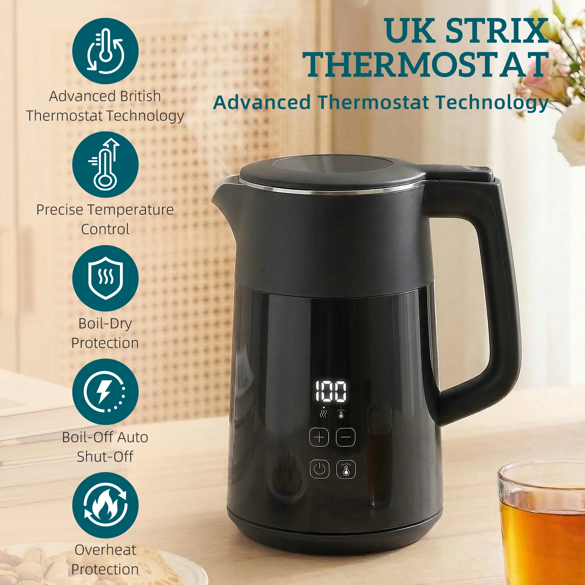 HOMCOM 1.7L Fast Boil 3000W Electric Kettle With LED Display, Black - Image 4
