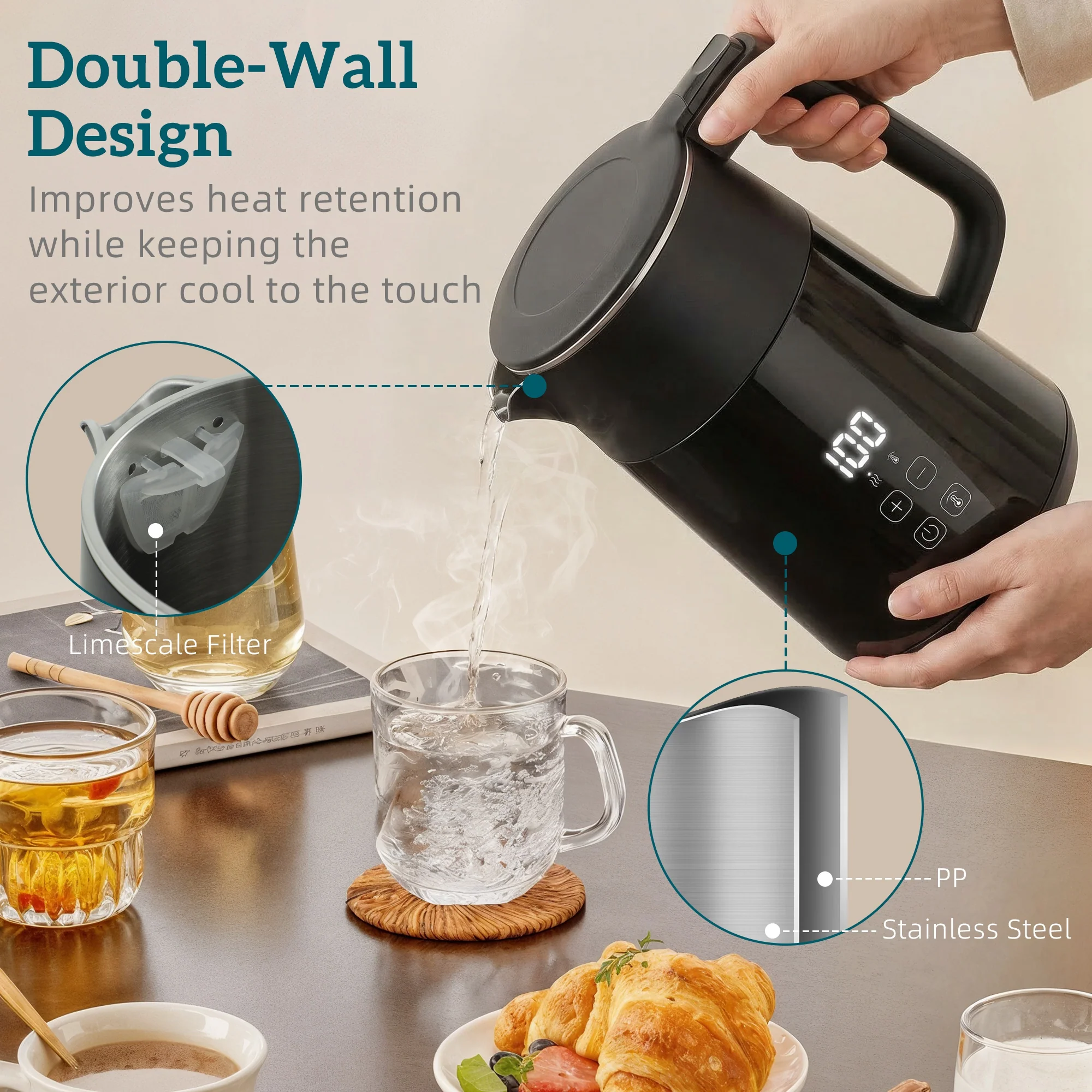 HOMCOM 1.7L Fast Boil 3000W Electric Kettle With LED Display, Black - Image 9
