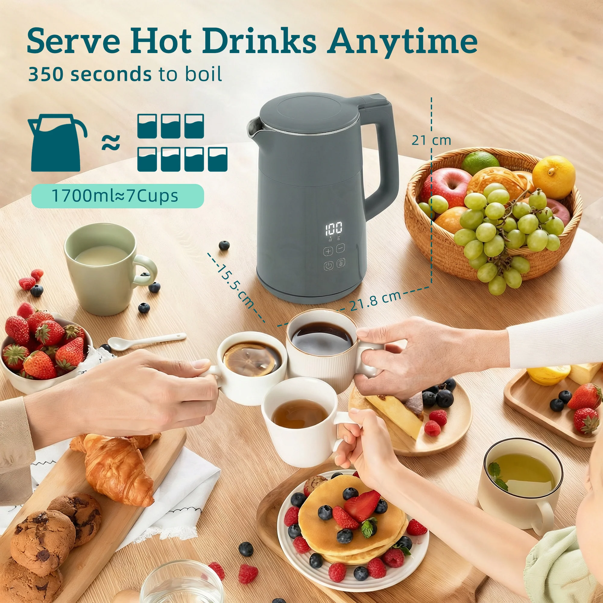 HOMCOM 1.7L Fast Boil 3000W Electric Kettle With LED Display, Grey - Image 3