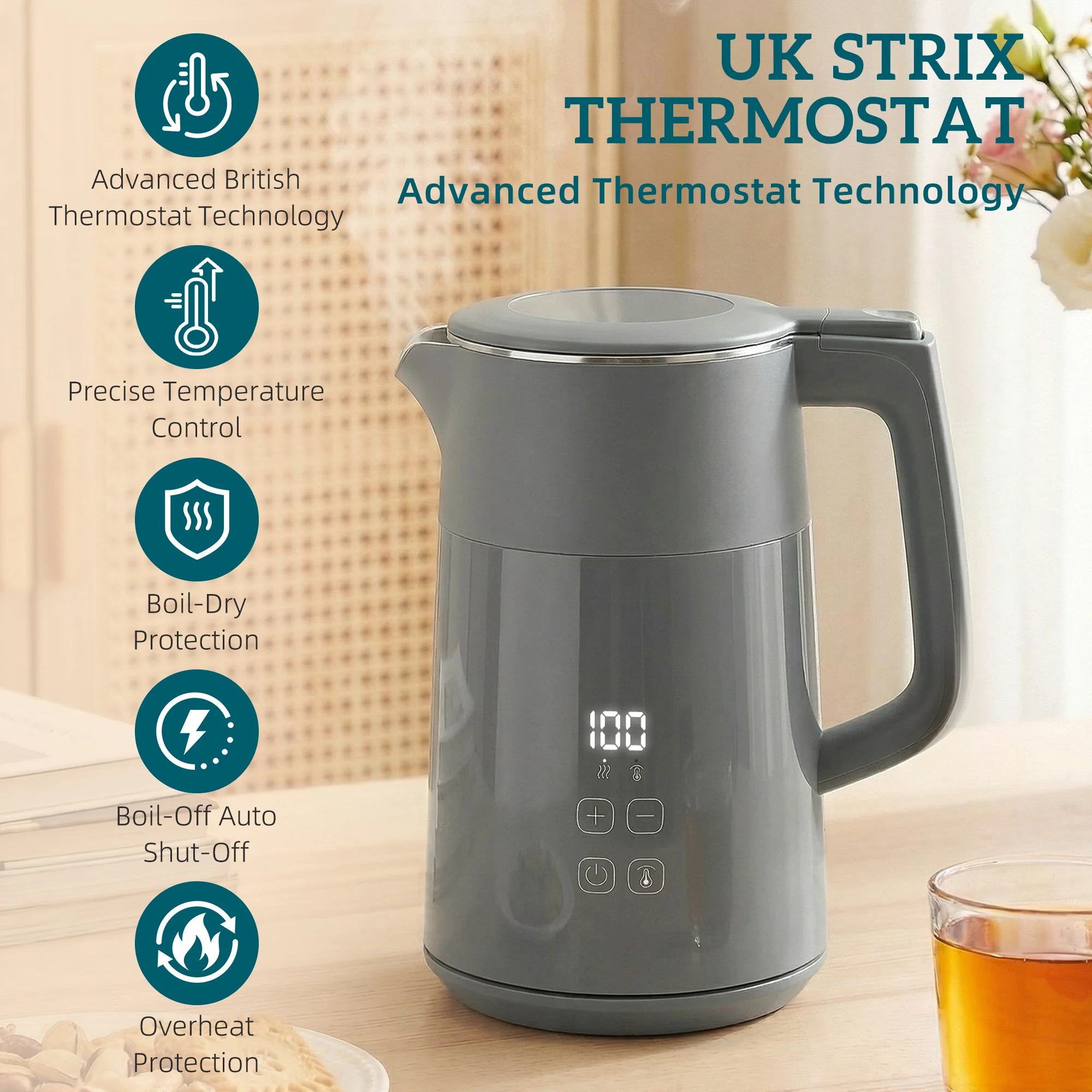 HOMCOM 1.7L Fast Boil 3000W Electric Kettle With LED Display, Grey - Image 4