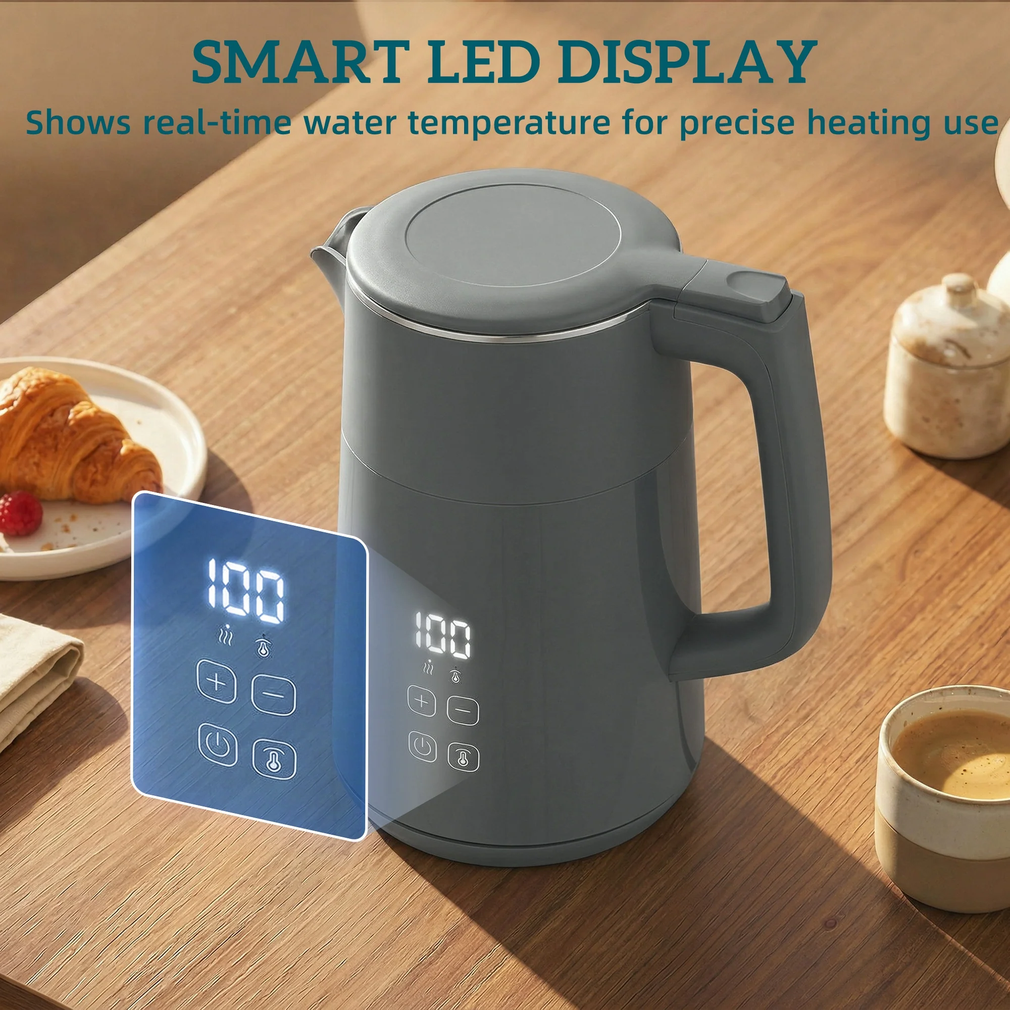 HOMCOM 1.7L Fast Boil 3000W Electric Kettle With LED Display, Grey - Image 8