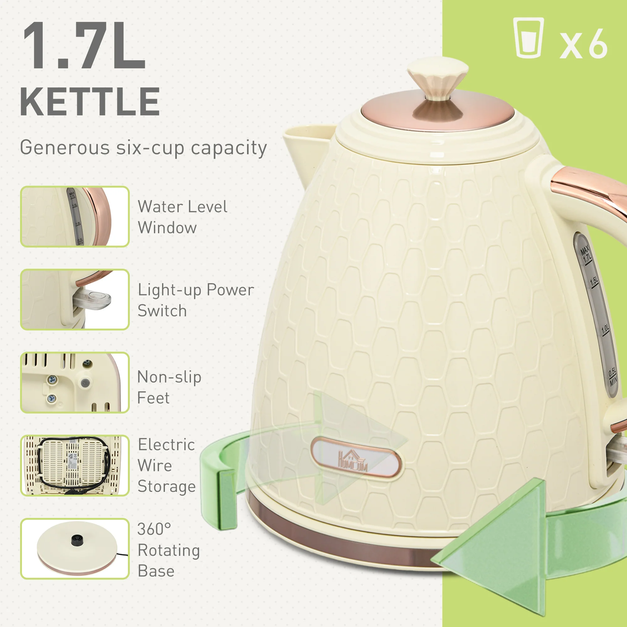 HOMCOM 1.7L Kettle And Toaster Set With Defrost Reheat And Crumb Tray Beige - Image 3