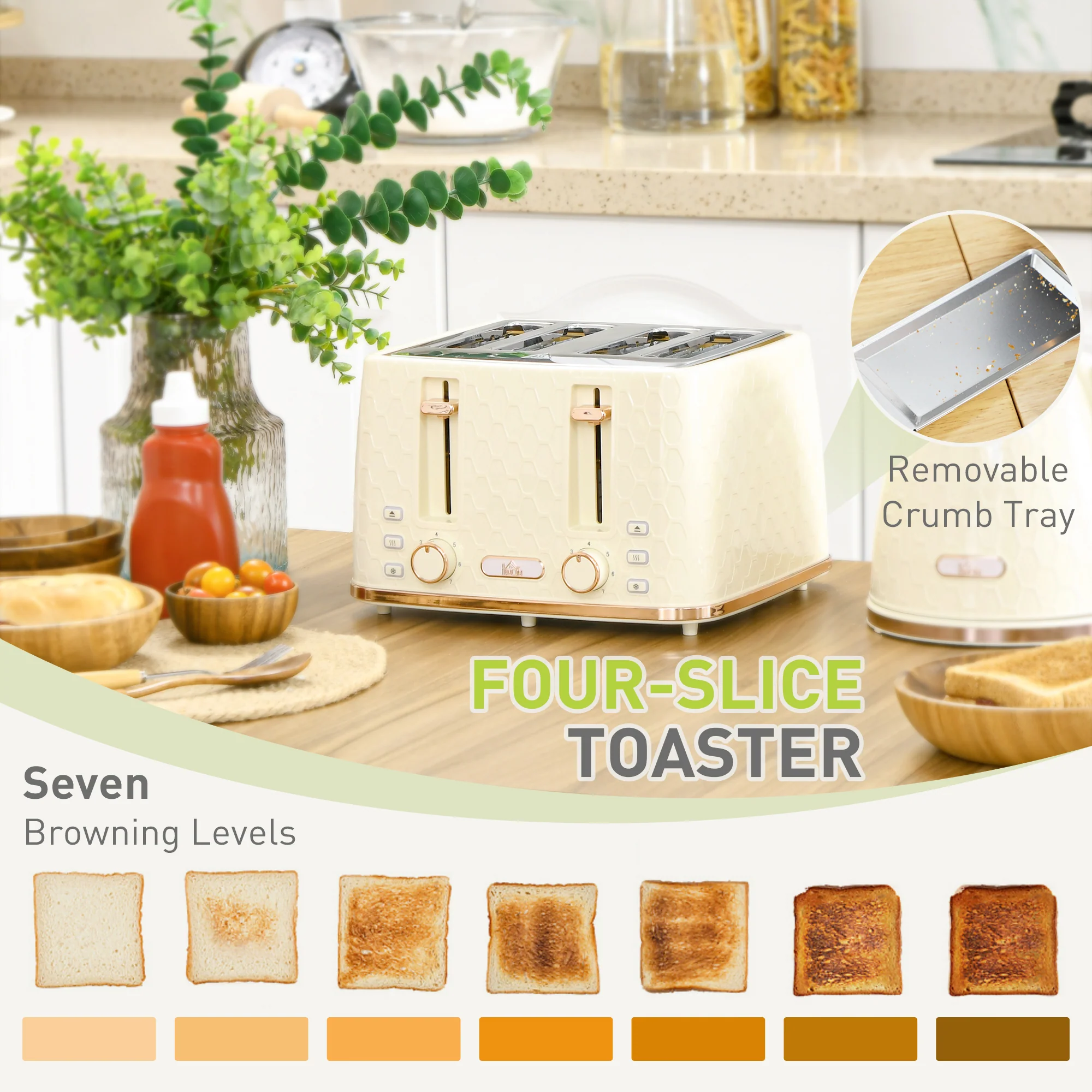 HOMCOM 1.7L Kettle And Toaster Set With Defrost Reheat And Crumb Tray Beige - Image 4