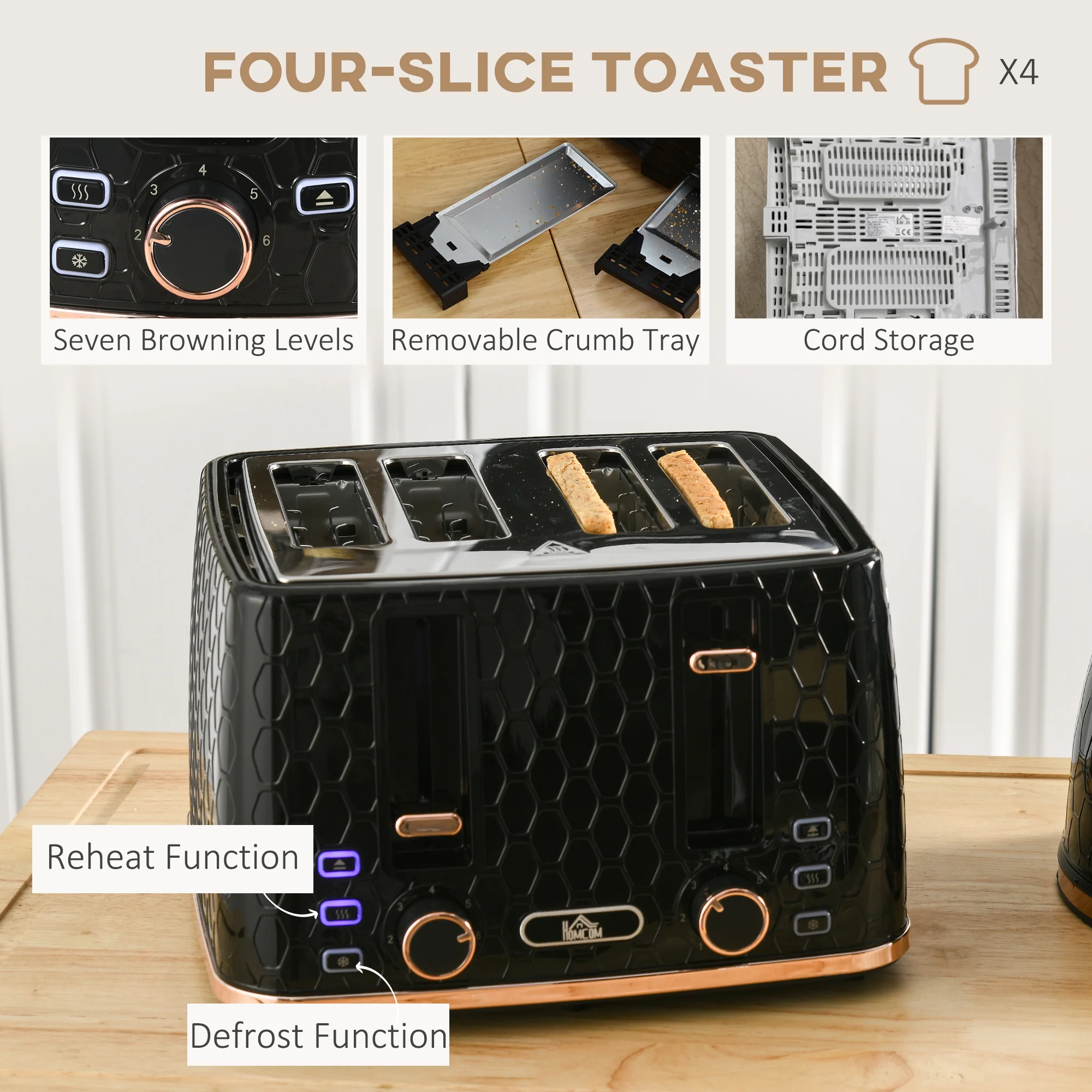 HOMCOM 1.7L Kettle and Toaster Set with Defrost, Reheat and Crumb Tray, Black - Image 4