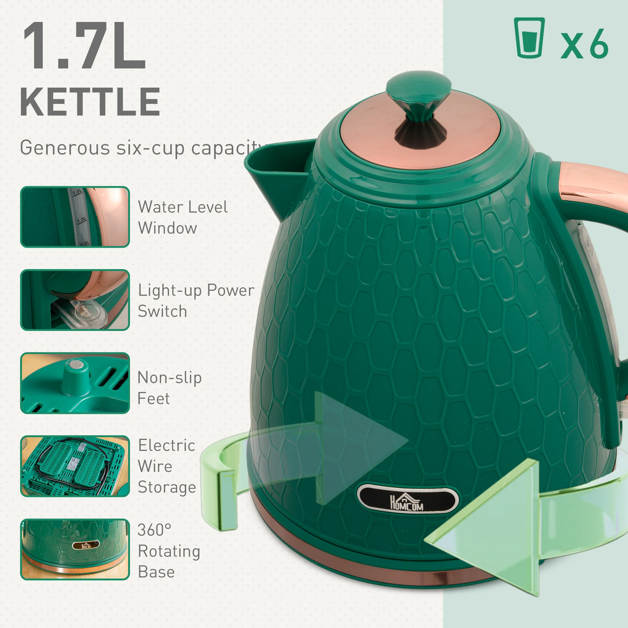 HOMCOM 1.7L Kettle And Toaster Set With Defrost Reheat And Crumb Tray Green - Image 3