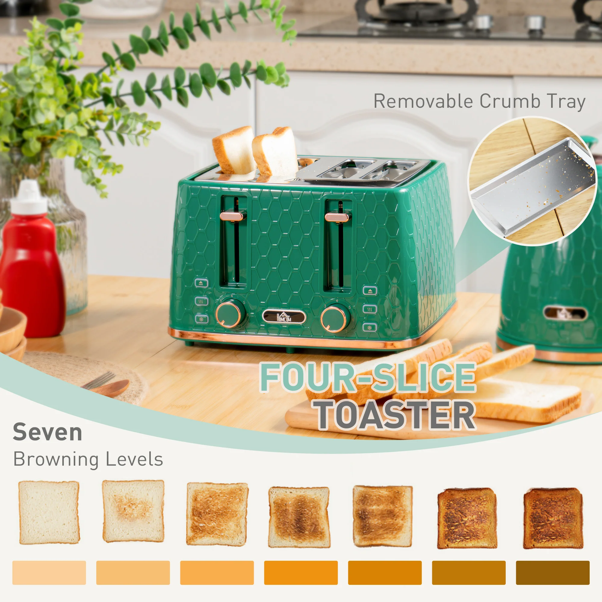 HOMCOM 1.7L Kettle And Toaster Set With Defrost Reheat And Crumb Tray Green - Image 4