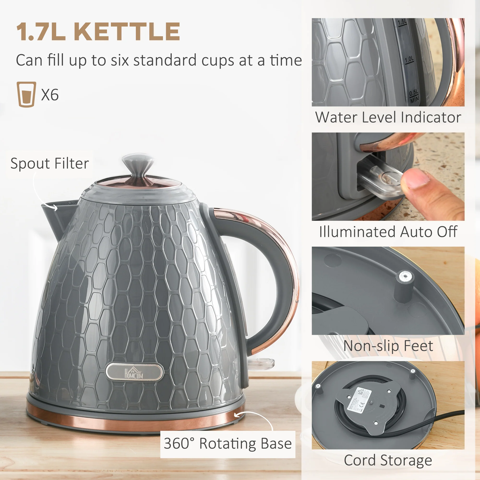 HOMCOM 1.7L Kettle and Toaster Set with Defrost, Reheat and Crumb Tray, Grey - Image 3